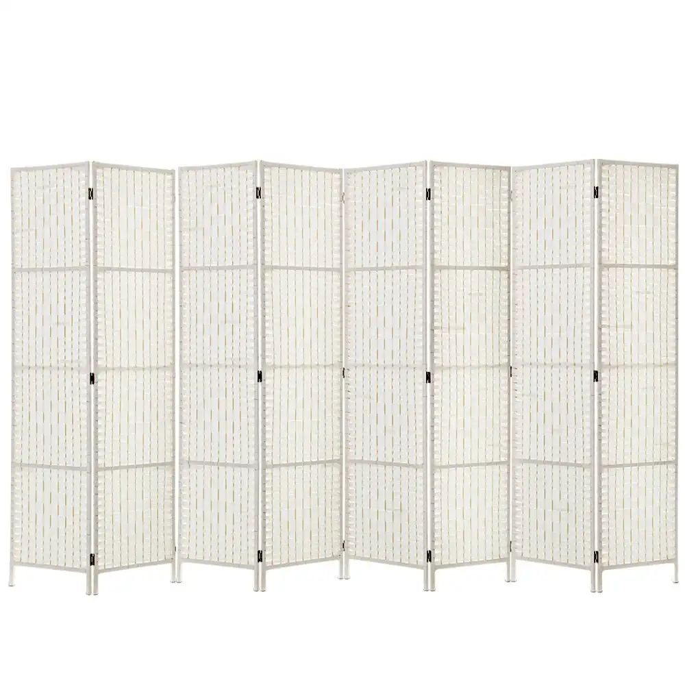 8 Panels Room Divider Screen Privacy Rattan Timber Fold Woven Stand White