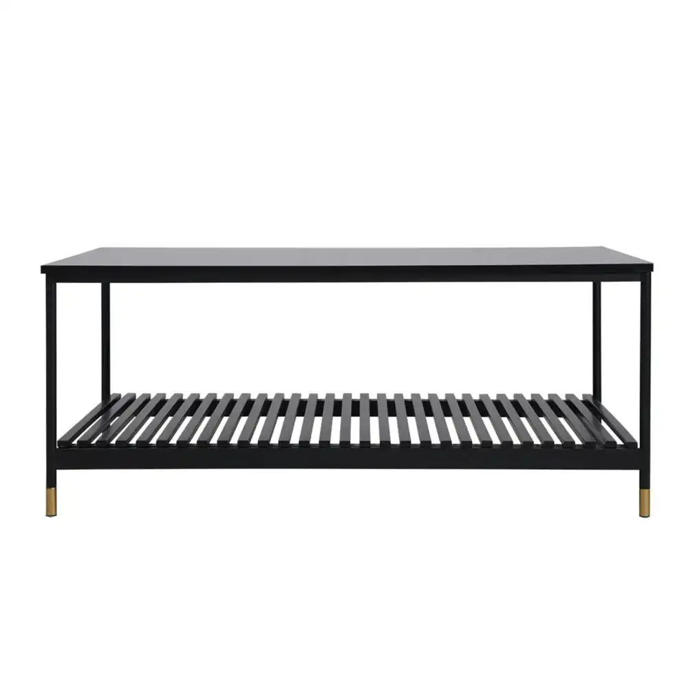Alcone Wooden Rectangular Open Shelf Coffee Table W/ Gold Accents - Satin Black