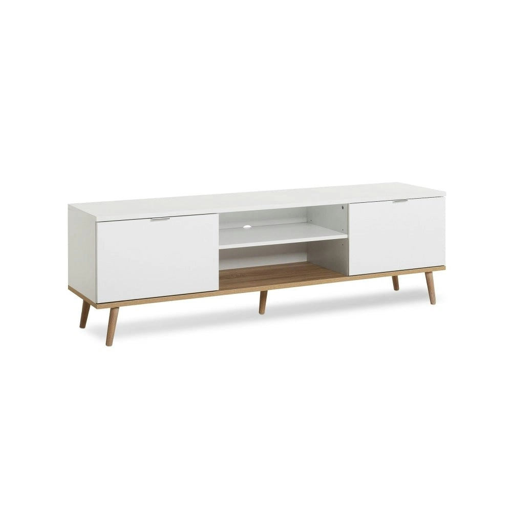 Design Square Thea Scandinavian Lowline Entertainment Unit TV Stand W/ 2-Doors - White/Oak