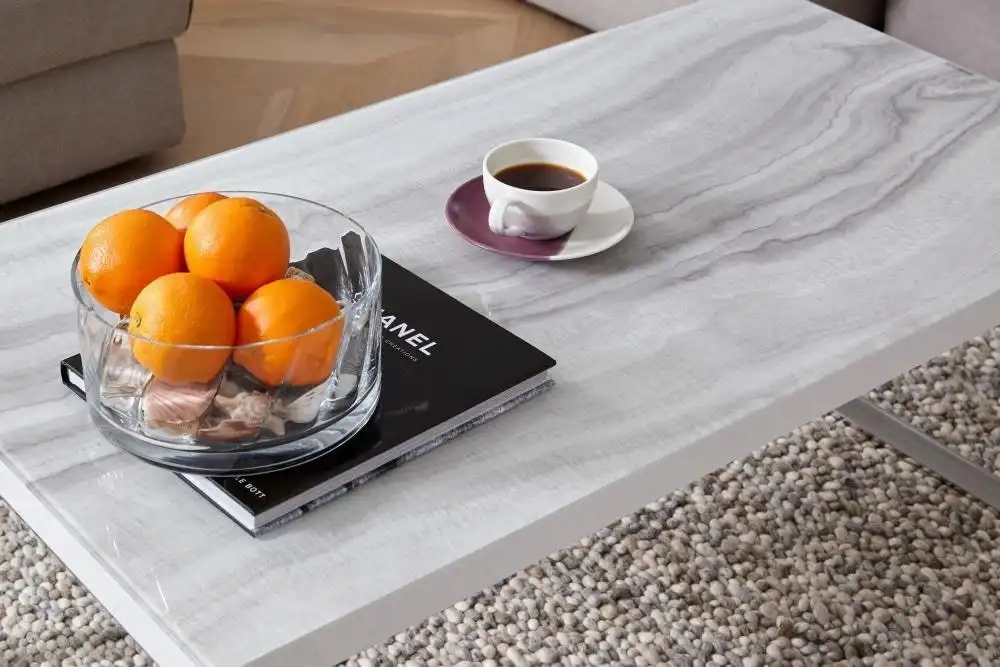Lucas Rectangular Coffee Table - Chrome Frame - Tempered Glass Top - Calacatta Marble