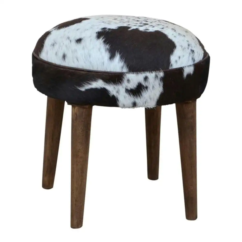 Amari Cowhide Short Foot Stool Ottoman Wooden Legs