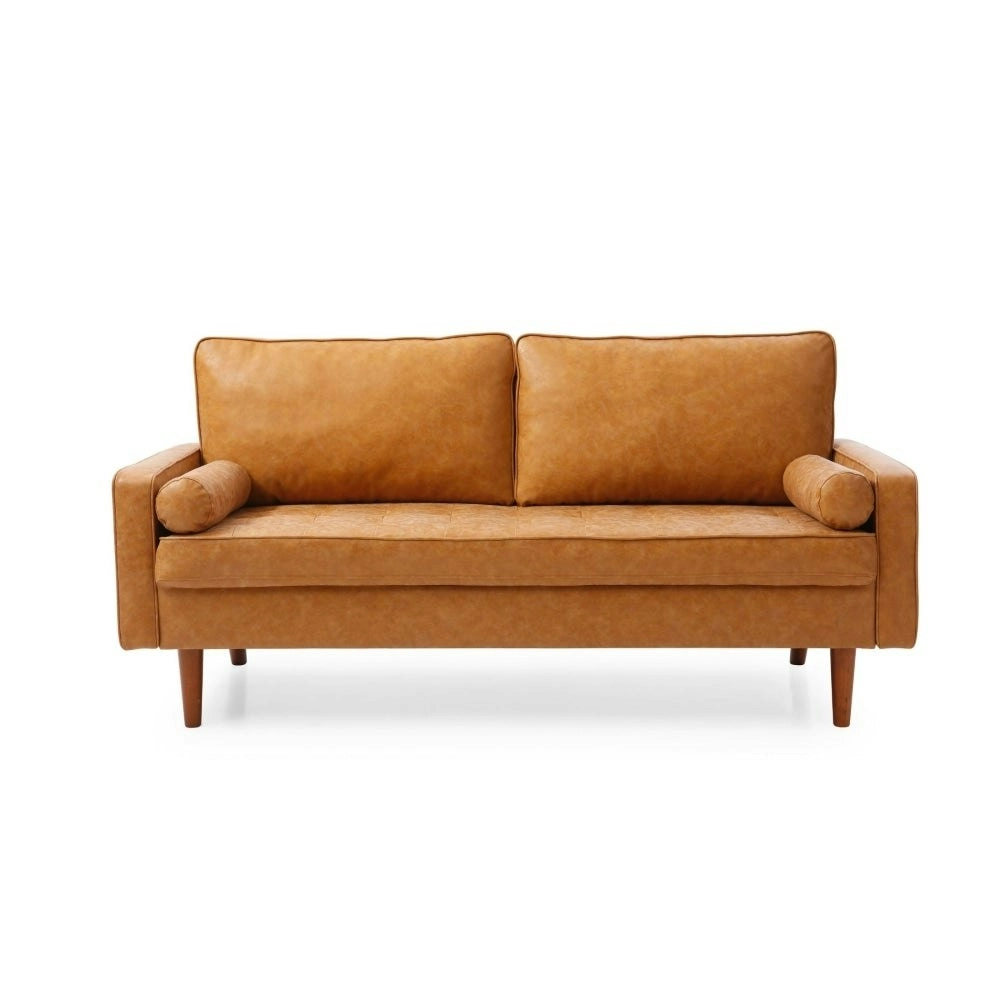 Design Square Designer Modern 2.5-Seater Faux Leather Sofa Wooden Legs - Brown