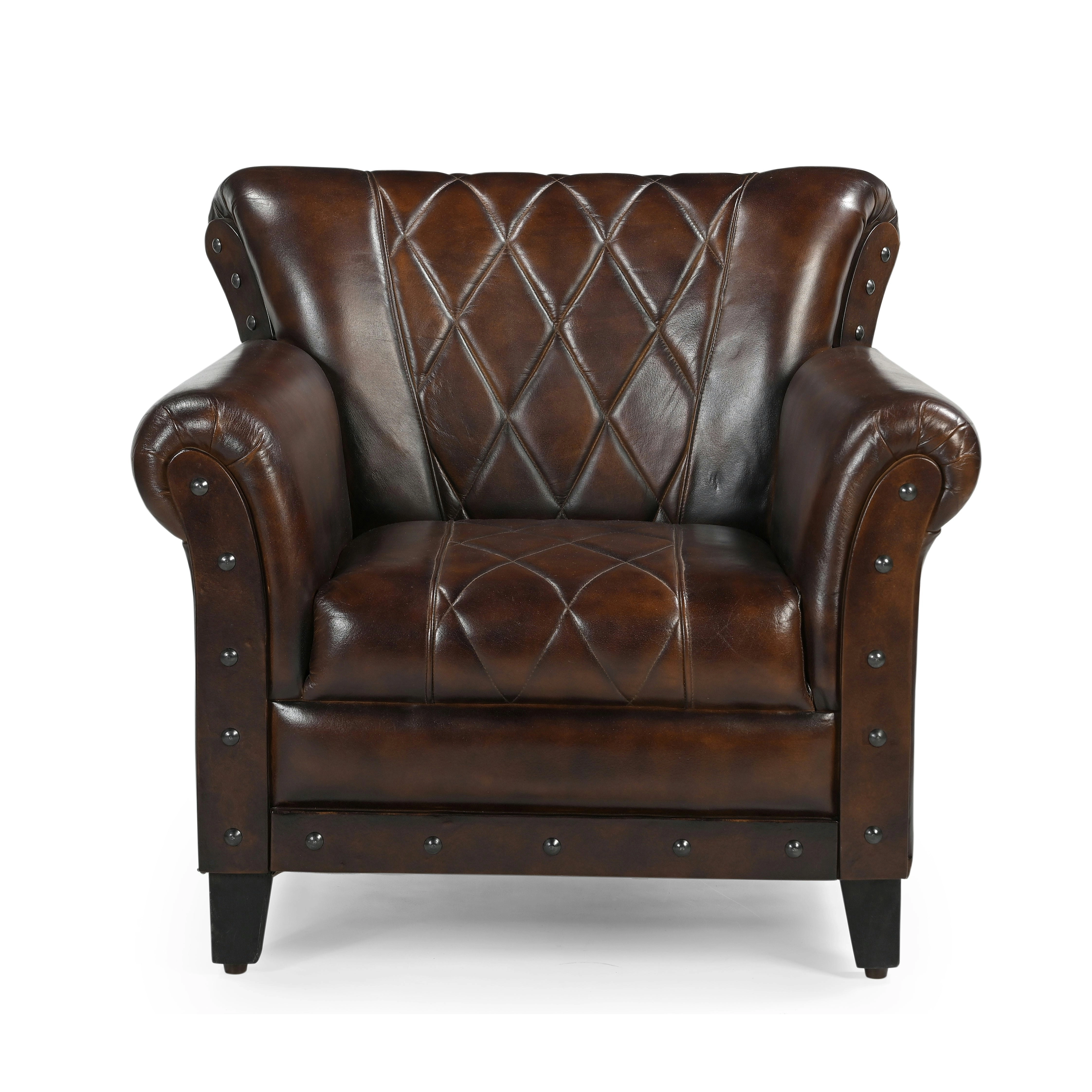 Studded Leather ArmChair Accent Relaxing Chair - Brown