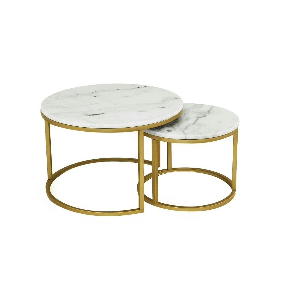 HomeStar Set of 2 Miller Nesting Round Marble Coffee Table Gold Frame - White