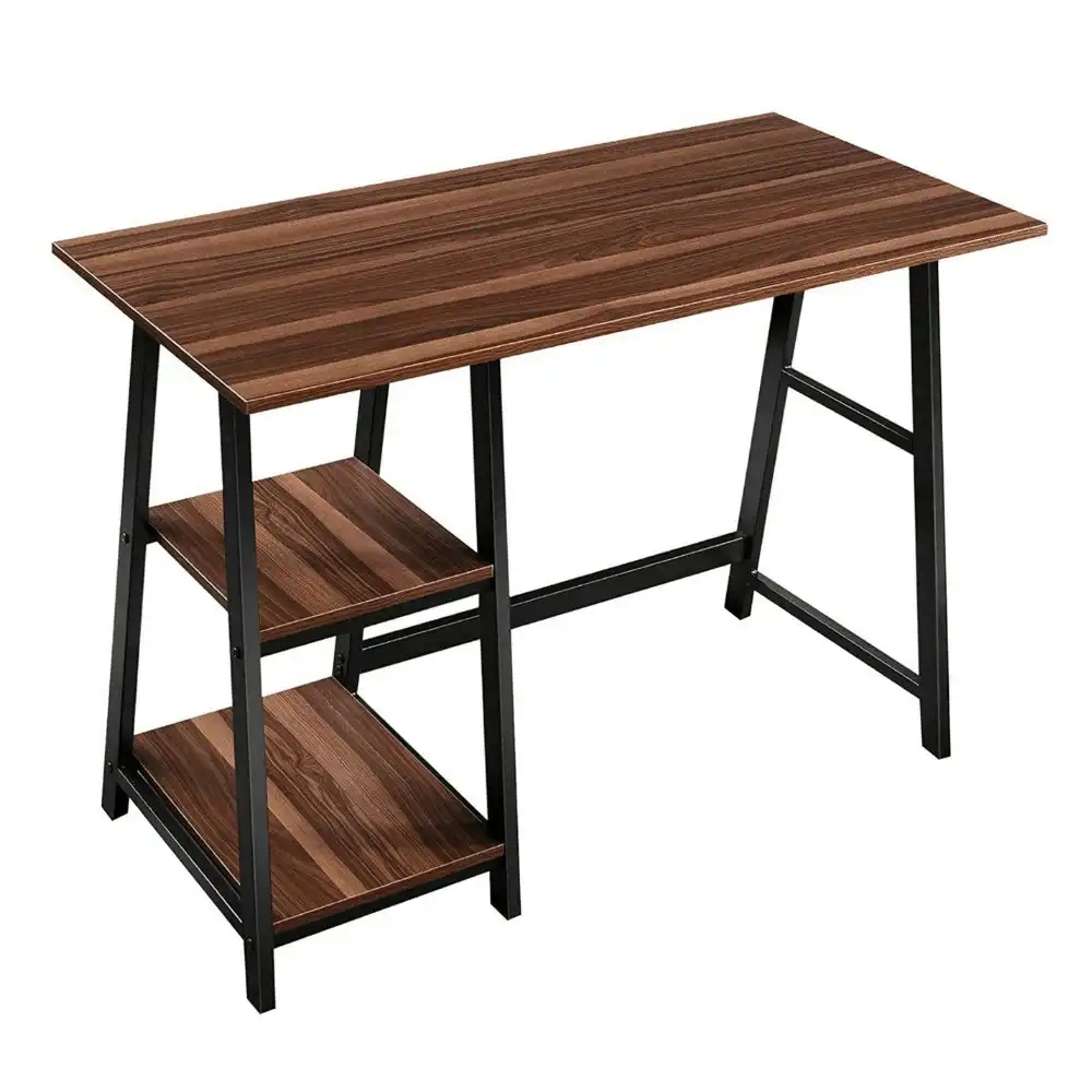 Design Square Office Study  Writing Computer Desk Metal Frame W/ 2 Storage Shelves - Dark Brown