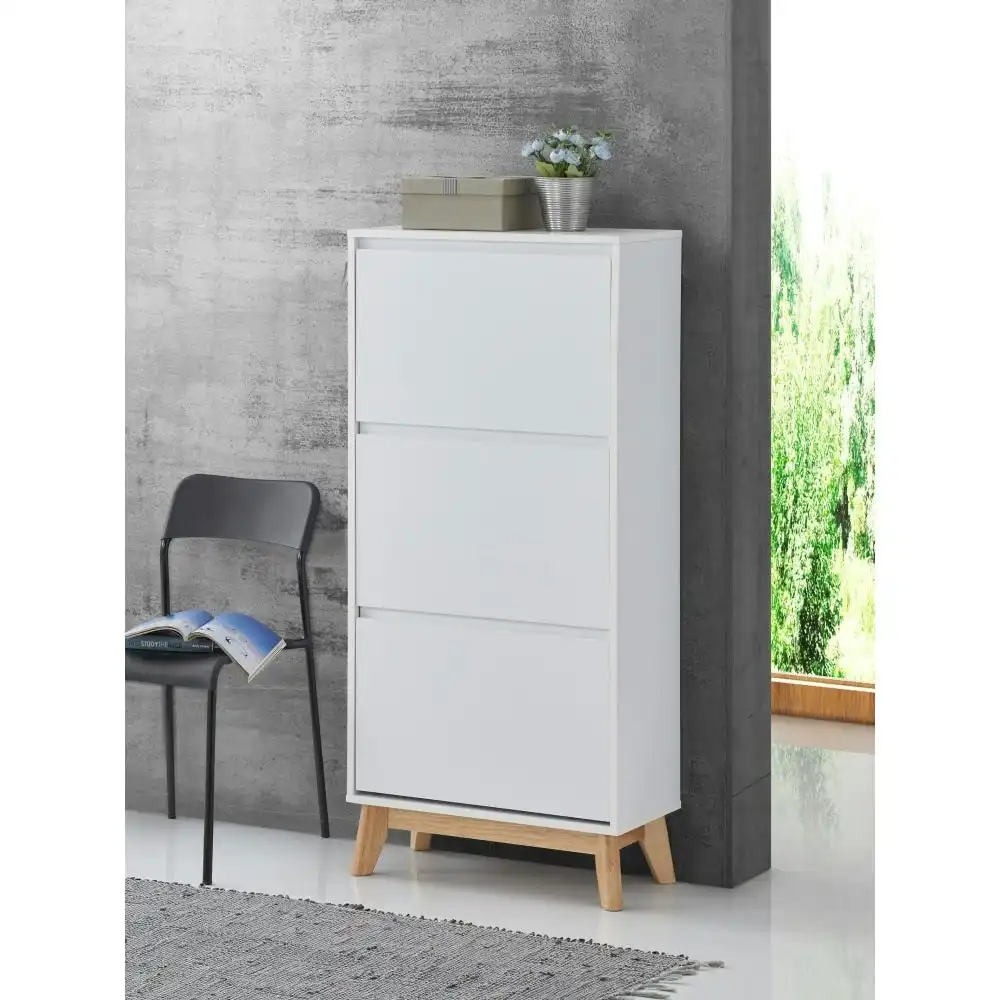 Design Square Audrey Modern Scandinavian 3-Doors Shoe Organiser Cabinet Storage - White