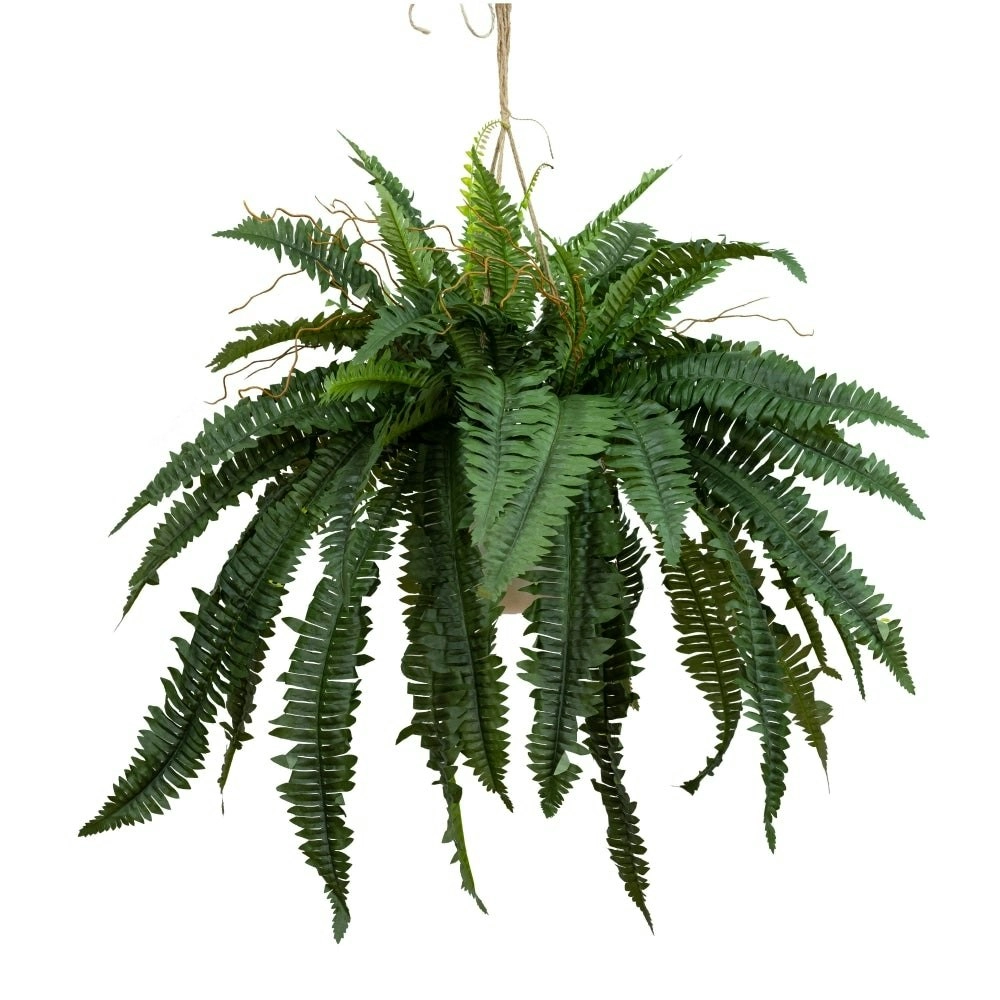 Glamorous Fusion Boston Fern Artificial Fake Decorative 88cm Hanging Planter W/ Rope - Green