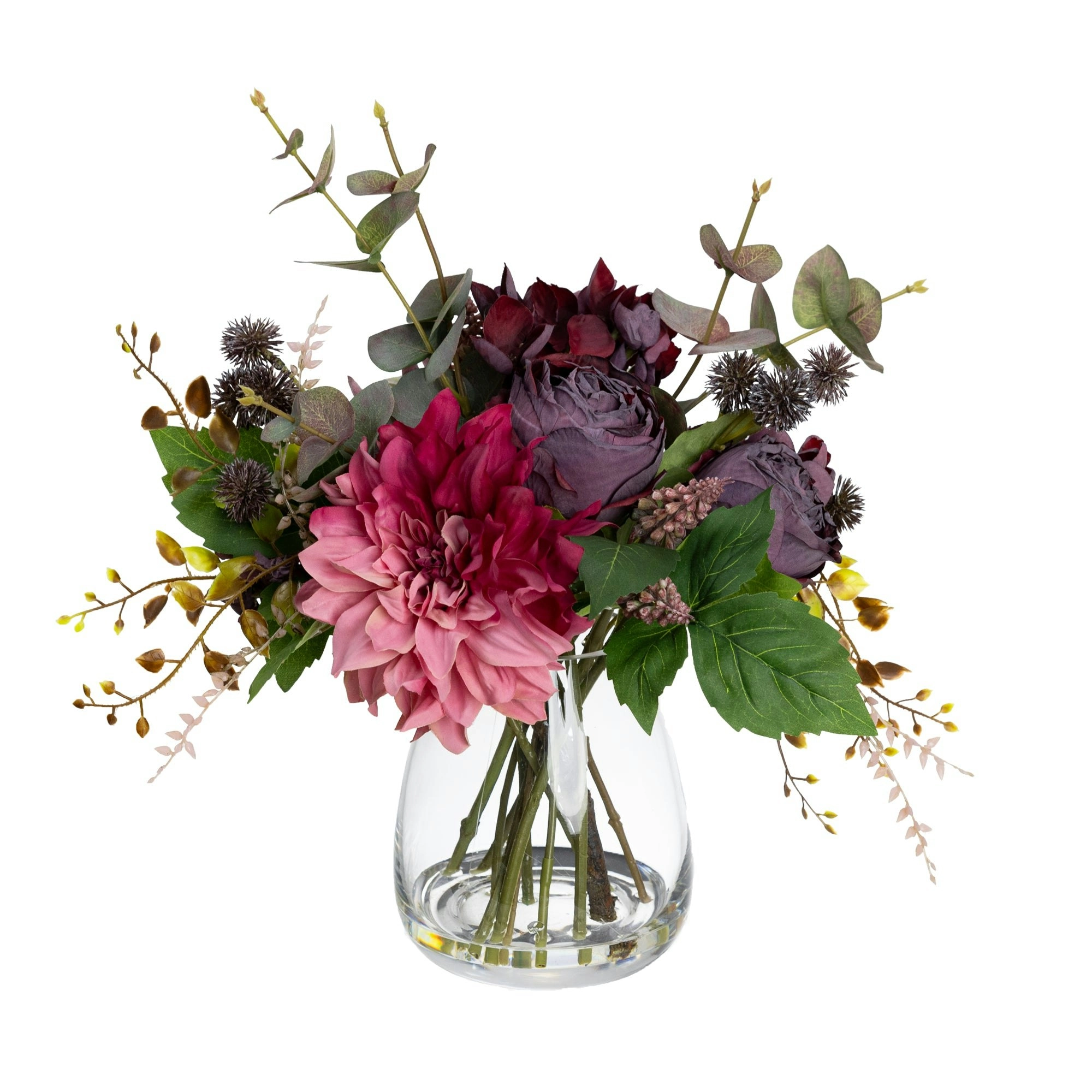 Glamorous Fusion Wine Dahlia & Protea Mixed  Artificial Fake Plant Decorative Arrangement 39cm In Glass