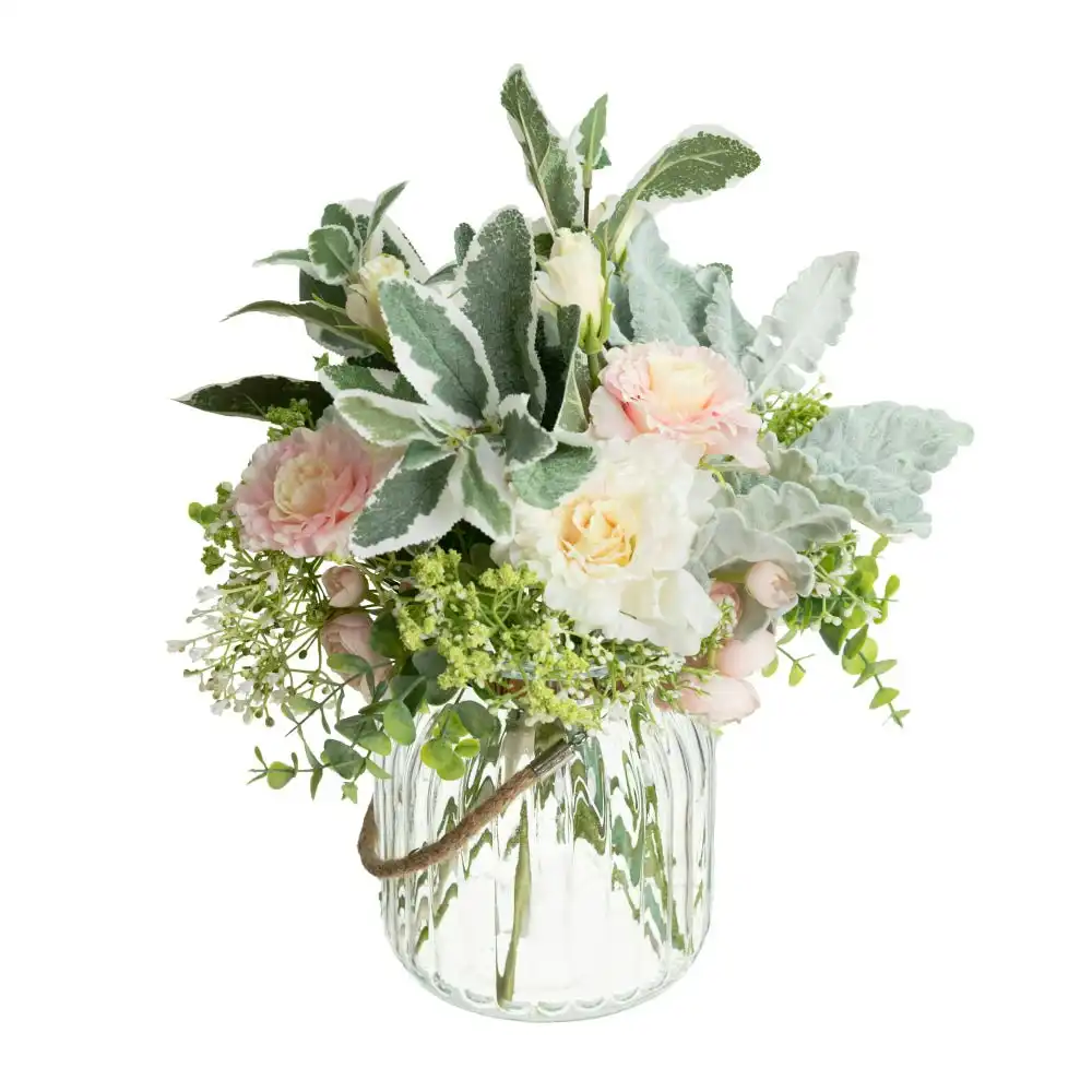 Glamorous Fusion Eutomosa & Gypso Mixed Artificial Fake Plant Decorative Arrangement 35cm In Maison Jar