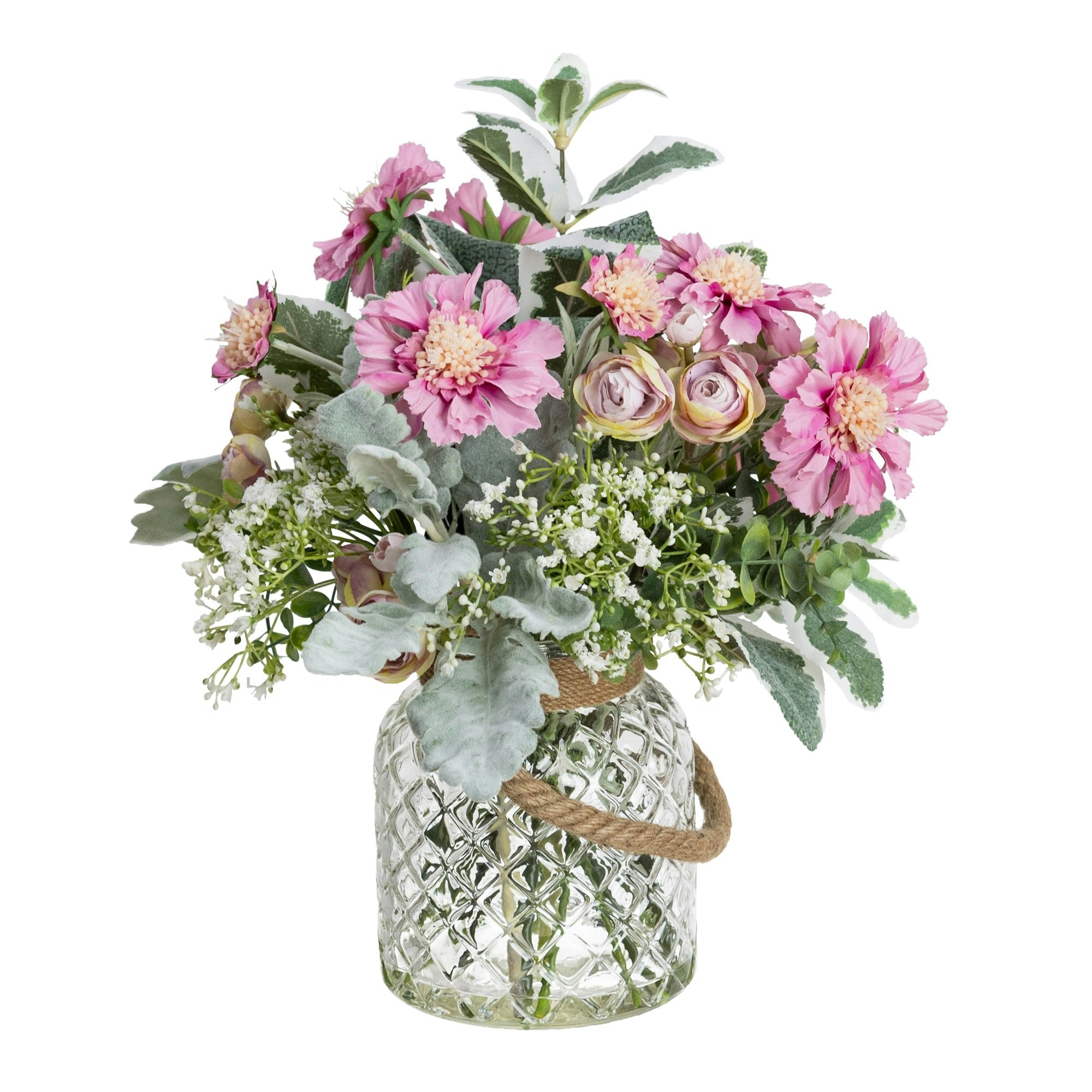 Glamorous Fusion Eutomosa & Gypso Mixed Artificial Fake Plant Decorative Arrangement 35cm In Maison Jar