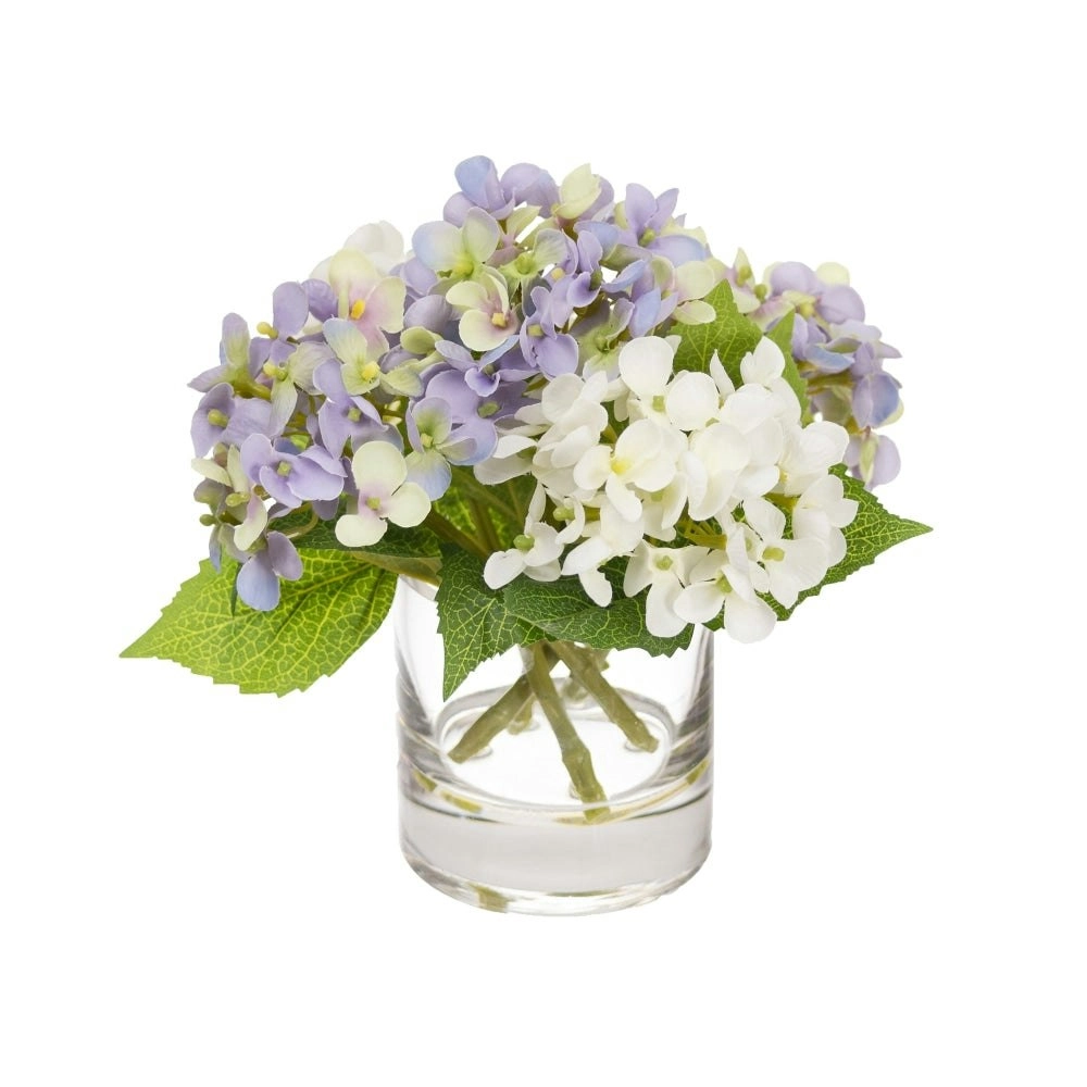 Glamorous Fusion Purple & White Hydrangea Mixed Artificial Fake Plant Decorative Arragement 18cm In Glass