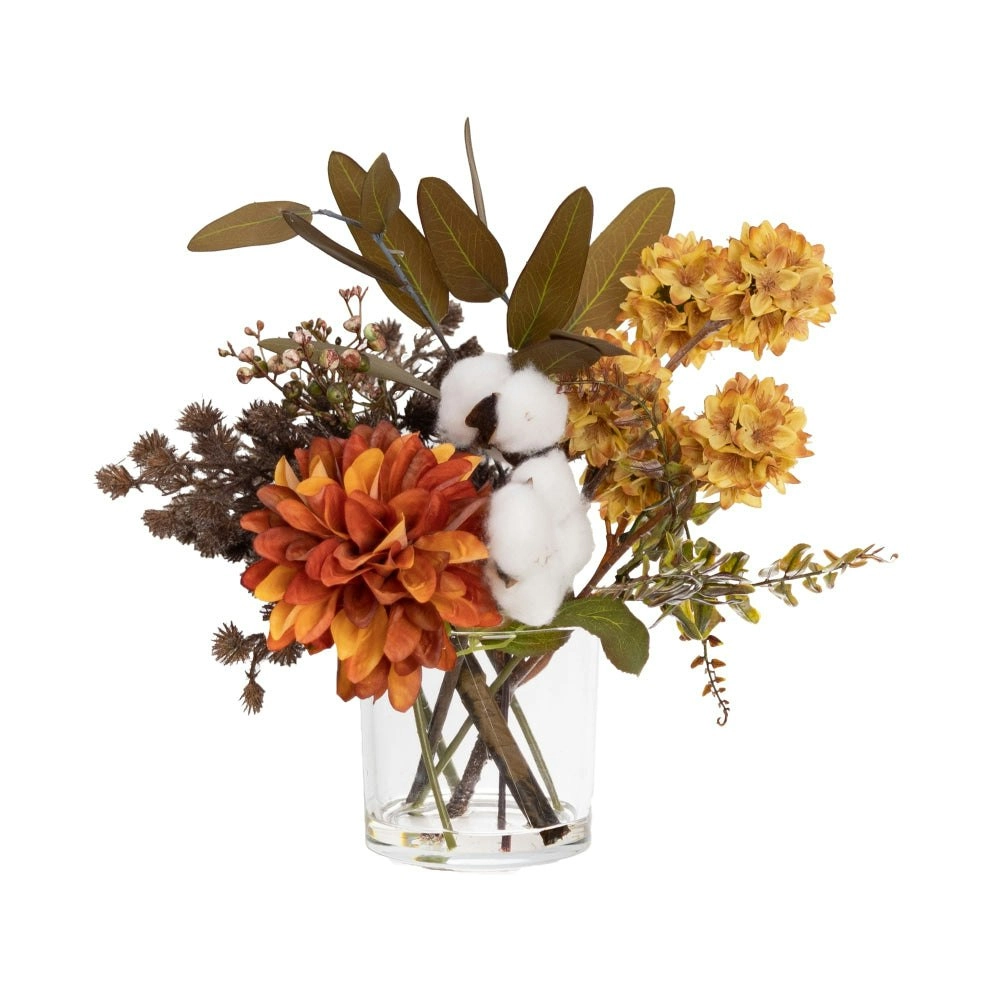 Glamorous Fusion Burnt Orange Dahlia & Cotton Artificial Fake Plant Decorative Arrangement 25cm In Glass