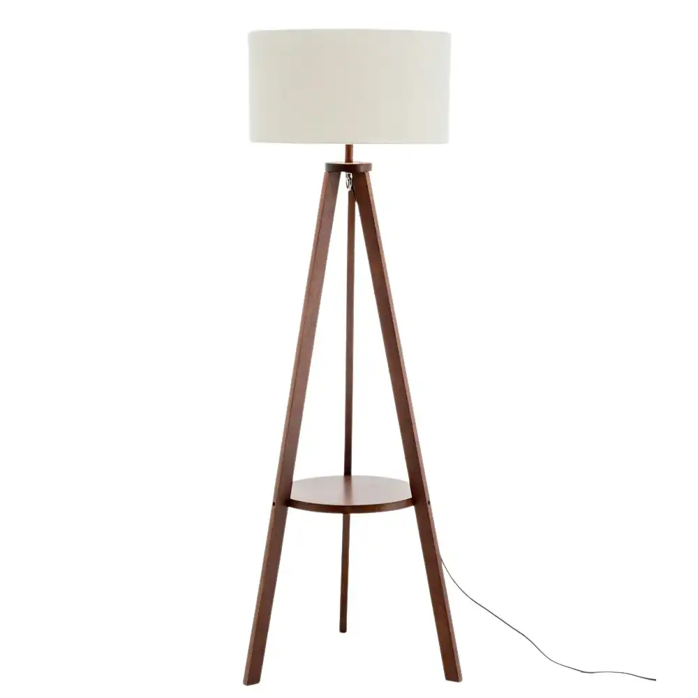 New Oriental Miya Rubberwood Tripod Floor Lamp W/ Round Shelf Linen Shade - Off White/Cherry