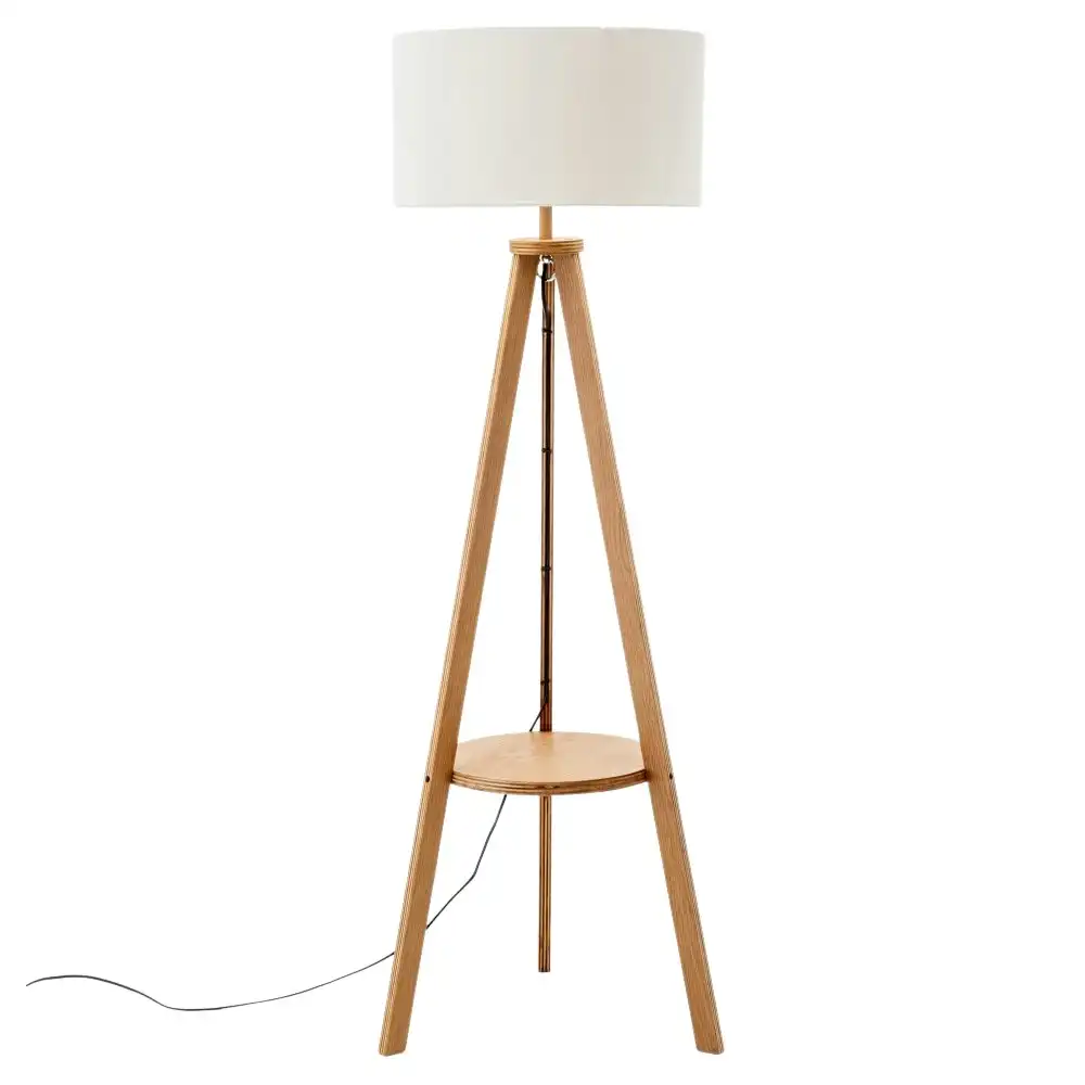 New Oriental Miya Rubberwood Tripod Floor Lamp W/ Round Shelf Linen Shade - Off White/Natural