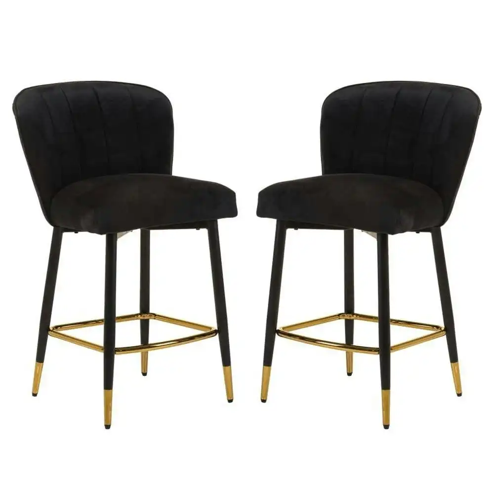 Raimon Furniture Set of 2 Gaia Velvet Fabric Kitchen Counter Bar Stool 63cm - Black