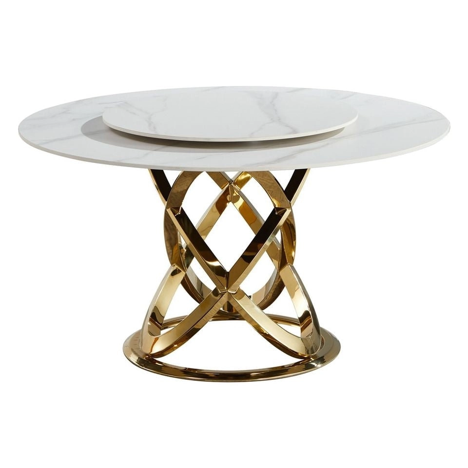 Our Home Hayes Luxurious Sintered Stone Round Dining Table 130cm W/ Lazy Susan - White & Gold