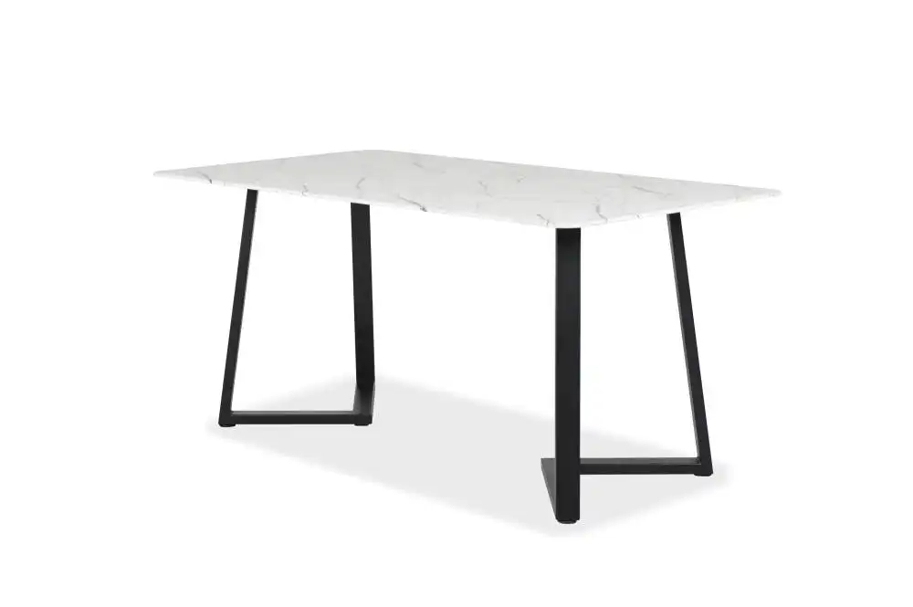 Leona Rectangular Dining Table With Marble Effect 160cm - Black Metal Frame - White Amore