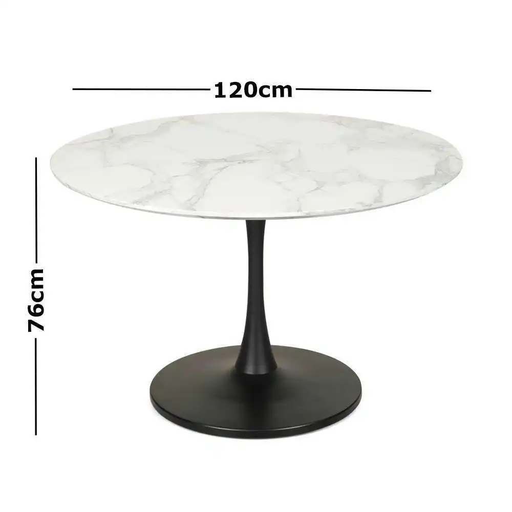 Raimon Furniture Cecil Round Dining Table Marble Effect 120cm - Matte Black Frame - White Sevella