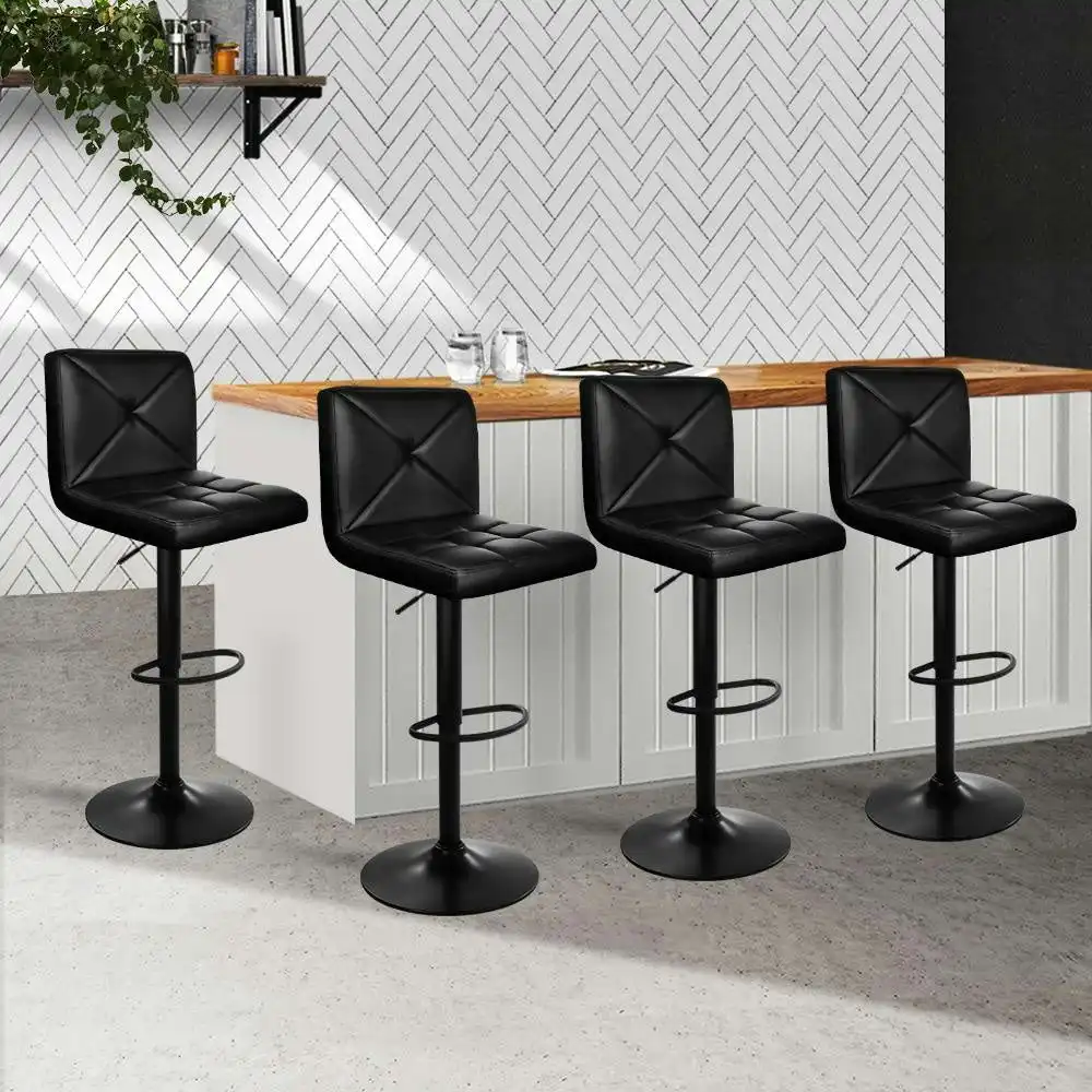 Set of 4 Bar Stools PU Leather Criss Cross Style - Black and Chrome