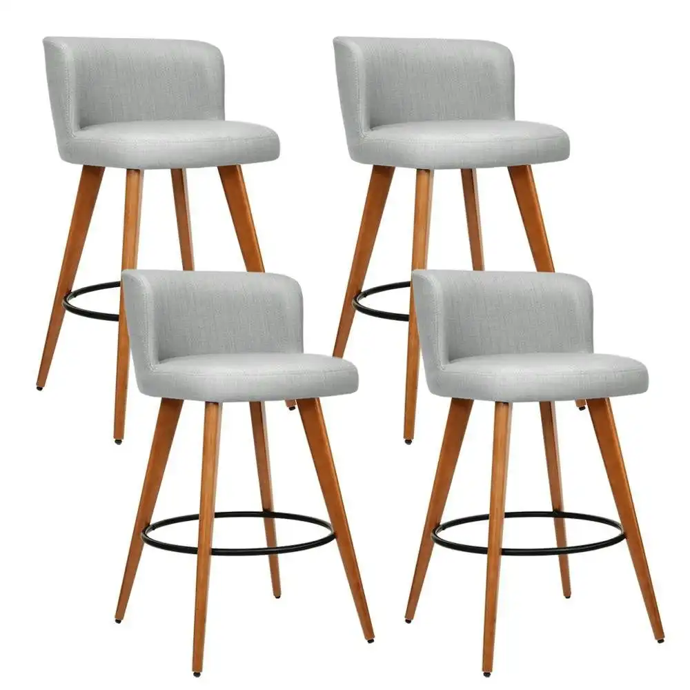 Set of 4 Wooden Fabric Bar Stools Circular Footrest - Light Grey