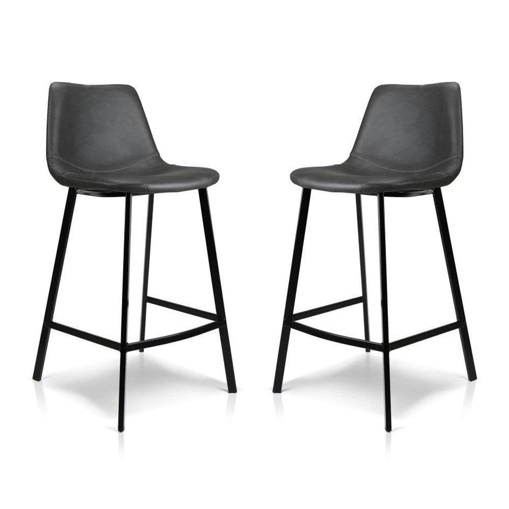 Raimon Furniture Set of 2 Gordon Faux Leather Bar Stool 66cm - Black Metal Legs - Antique Black