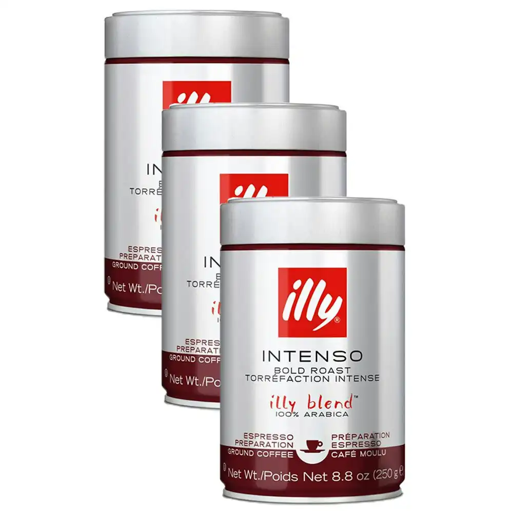 3x Illy 250g Intenso Espresso Arabica Ground Coffee Robust/Bold Roast/Full Body