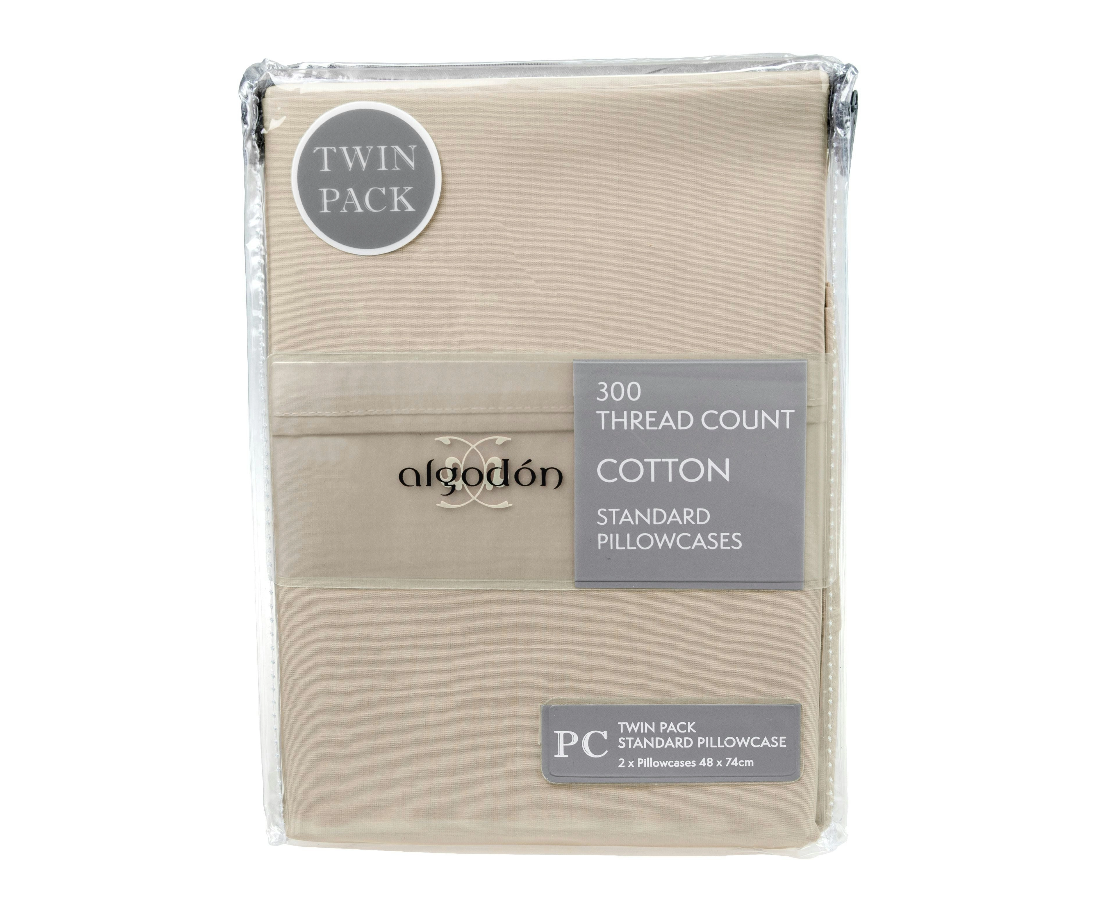 ALGODON "300TC Cotton" TWIN PACK PILLOWCASE STONE