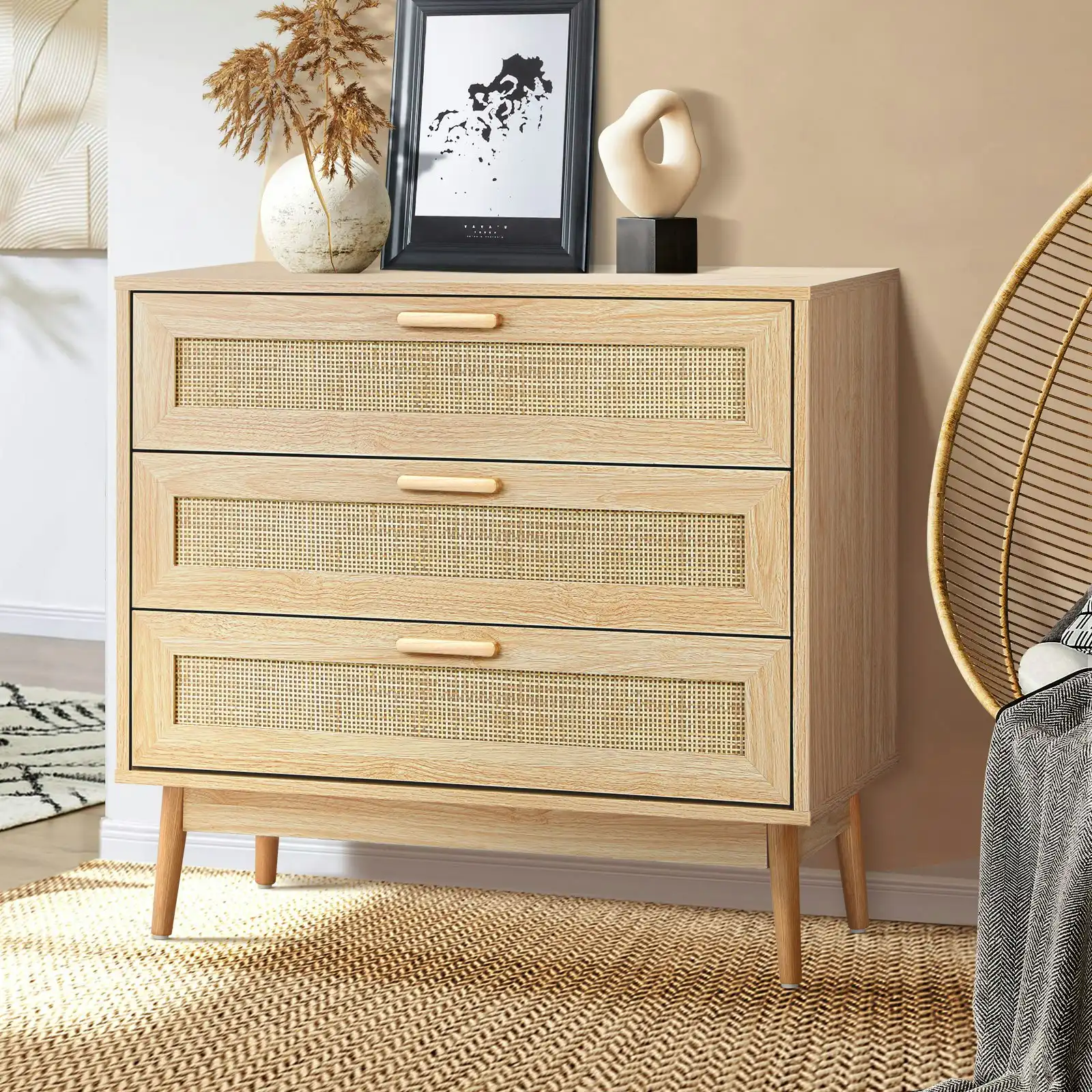 Oikiture 3 Chest of Drawers Rattan Natural