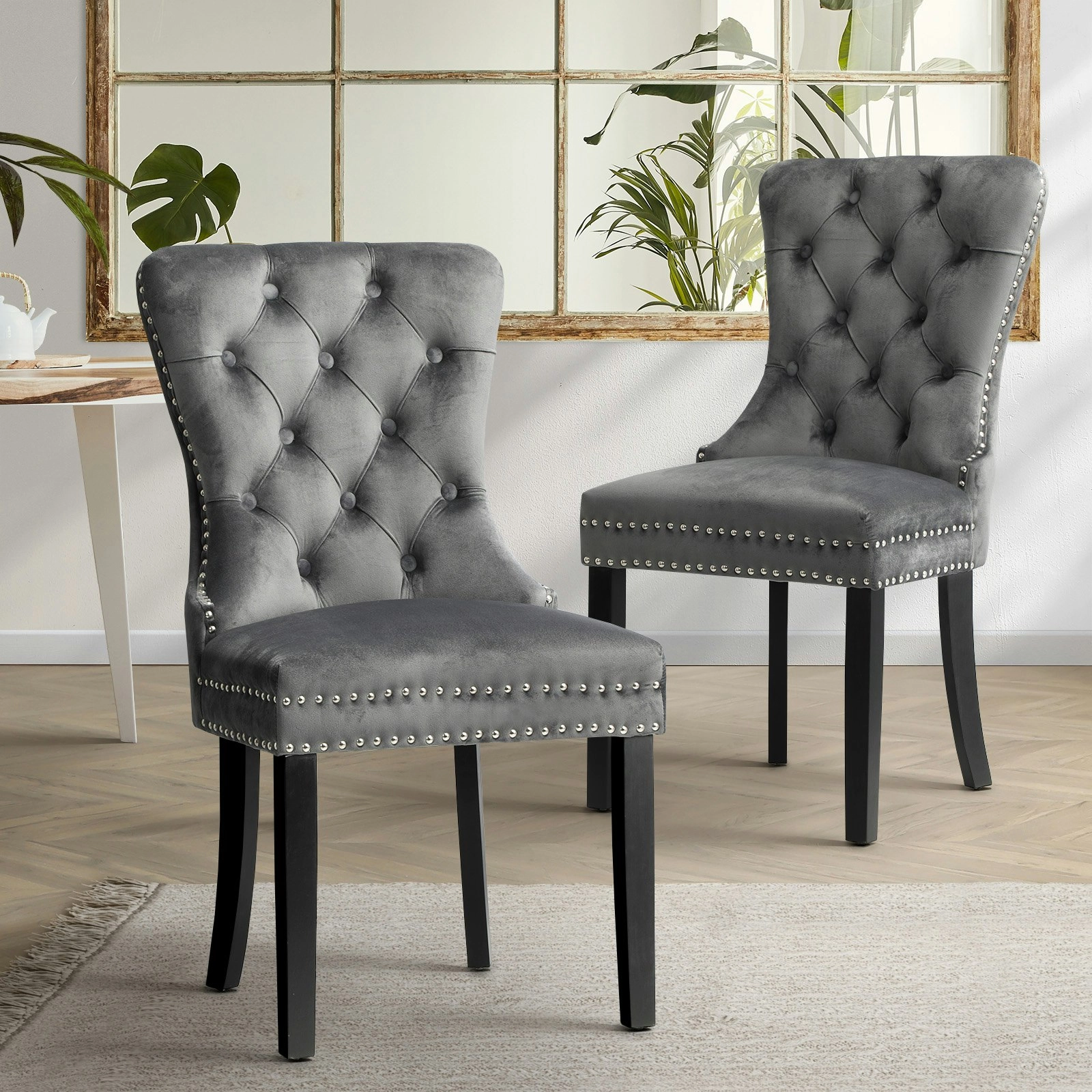 Oikiture 2x Velvet Dining Chairs Upholstered French Provincial Tufted Grey