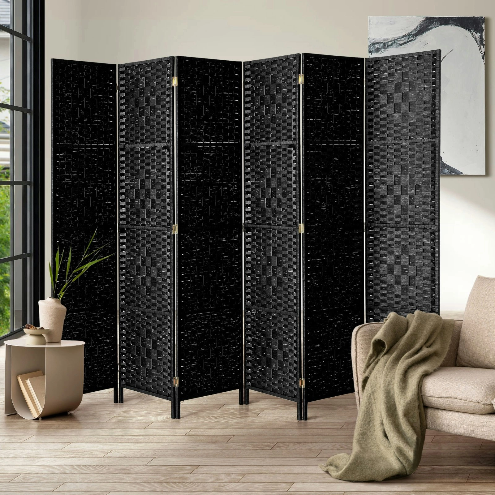 Oikiture 6 Panel Room Divider Screen Privacy Dividers Woven Wood Folding Black