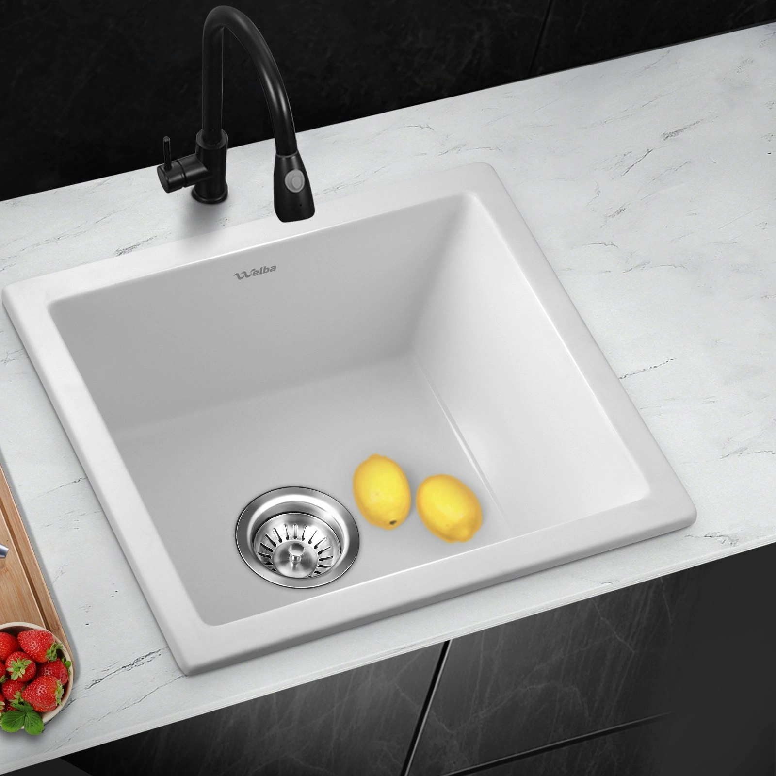 Welba Kitchen Sink Granite Stone Laundry Basin Under/Top Single Bowl 460x410mm