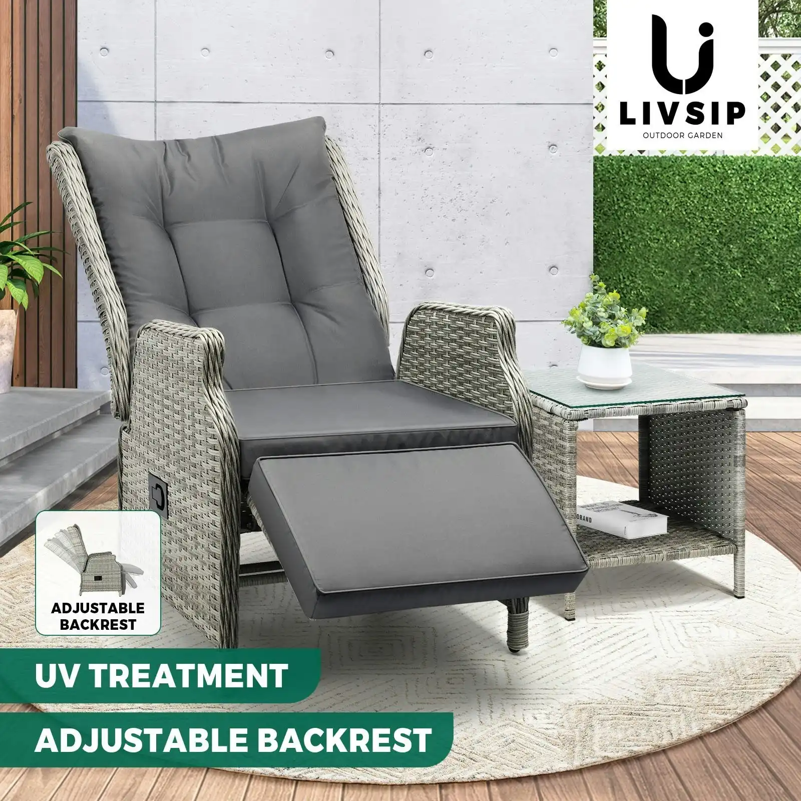 Livsip Outoodr Recliner Chair Sun Lounge & Table Set utdoor Furniture Patio Sofa