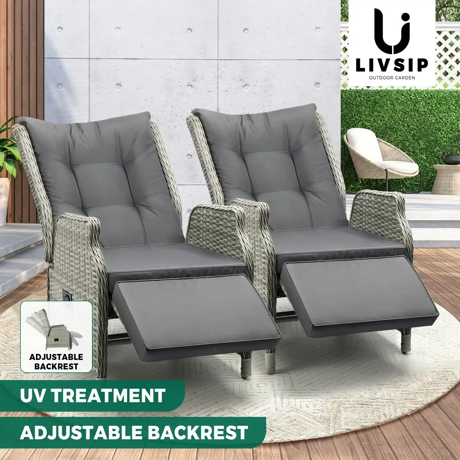 Livsip Recliner Chairs Sun lounge Outdoor Furniture Patio Wicker Sofa Set of 2