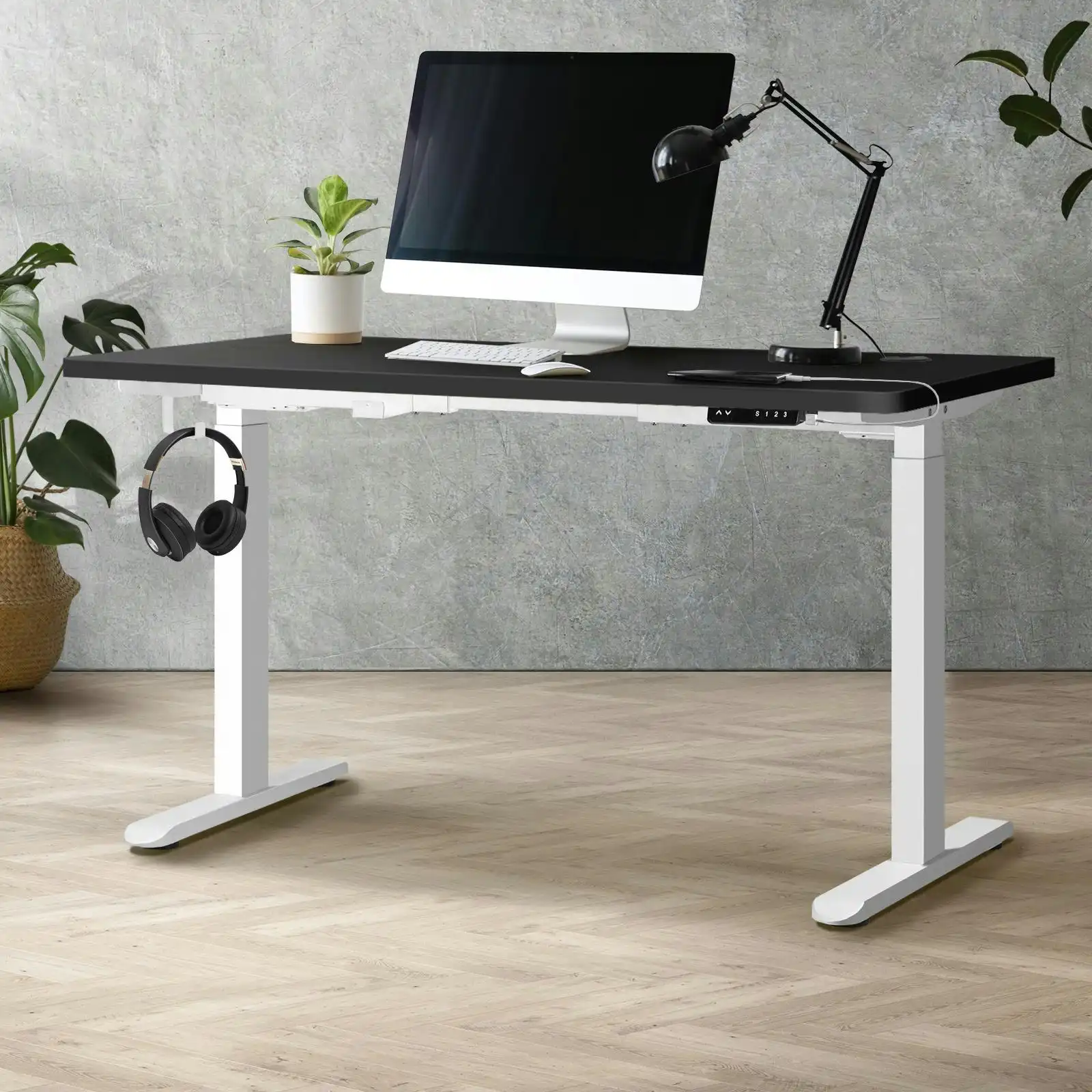 Oikiture 120cm Electric Standing Desk Dual Motor White Frame Black Desktop With USB&Type C Port