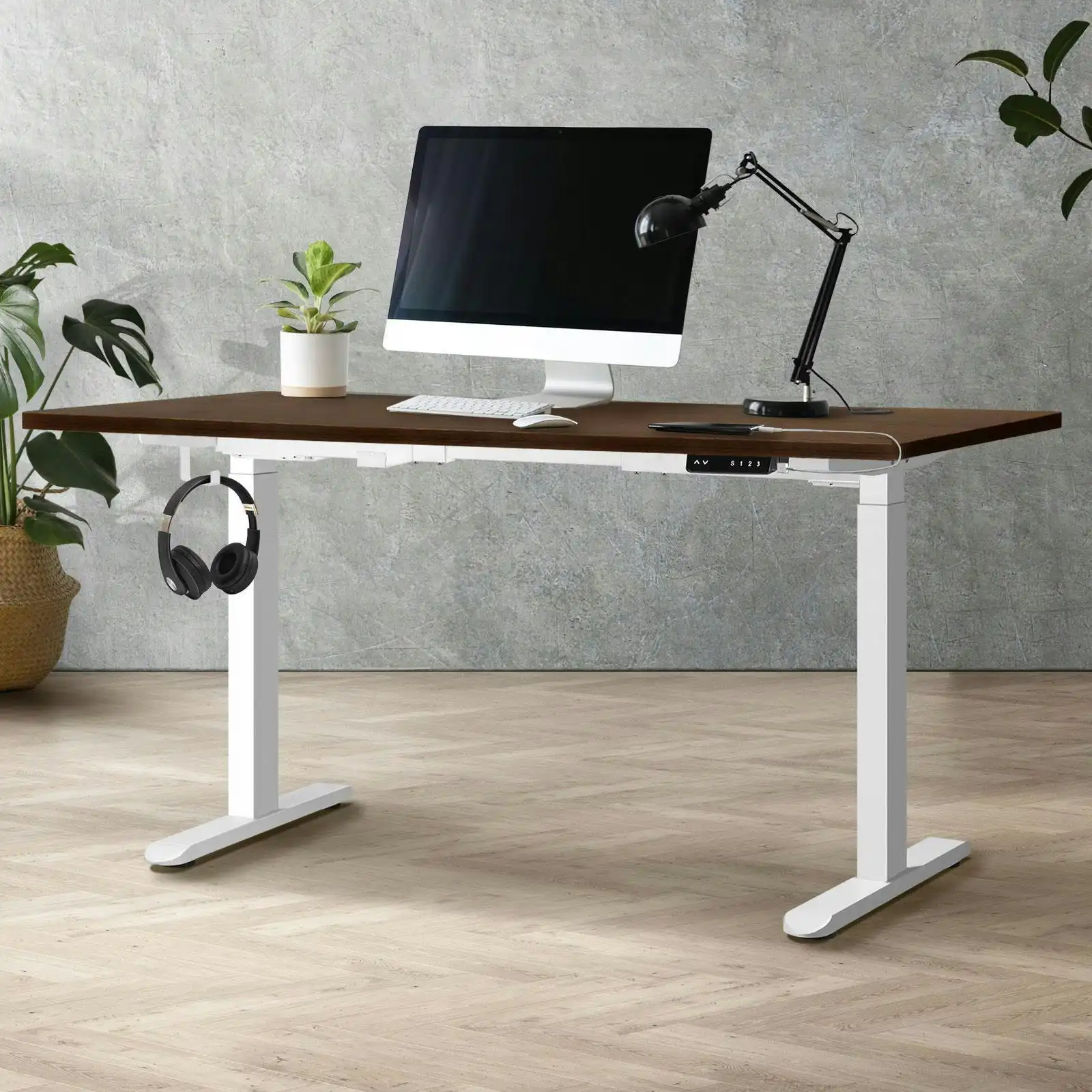 Oikiture 140cm Electric Standing Desk Dual Motor White Frame Walnut Desktop With USB&Type C Port