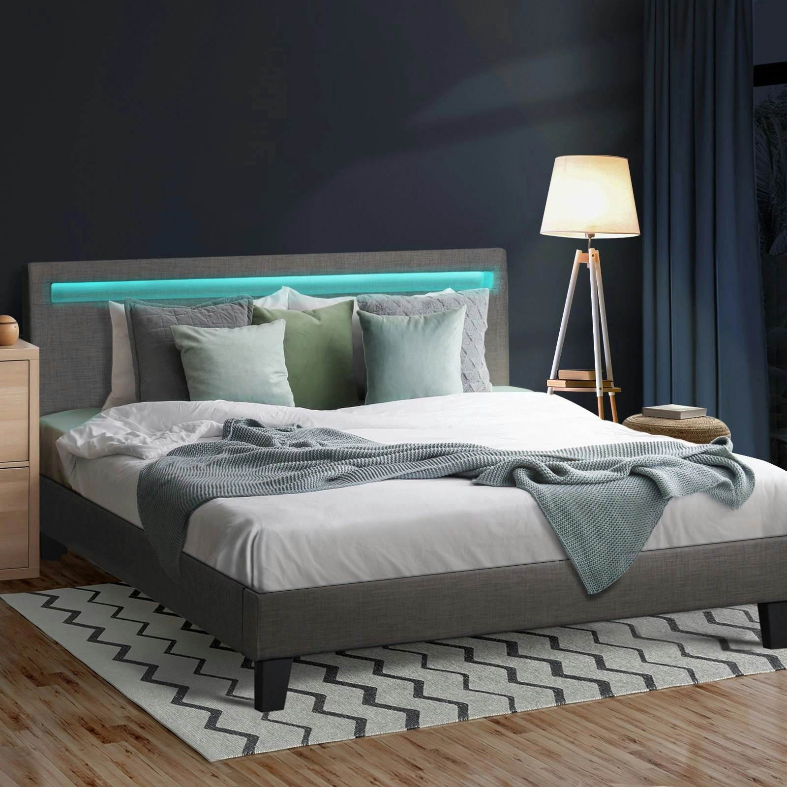 Oikiture Bed Frame RGB LED Queen Size Mattress Base Platform Wooden Grey Fabric