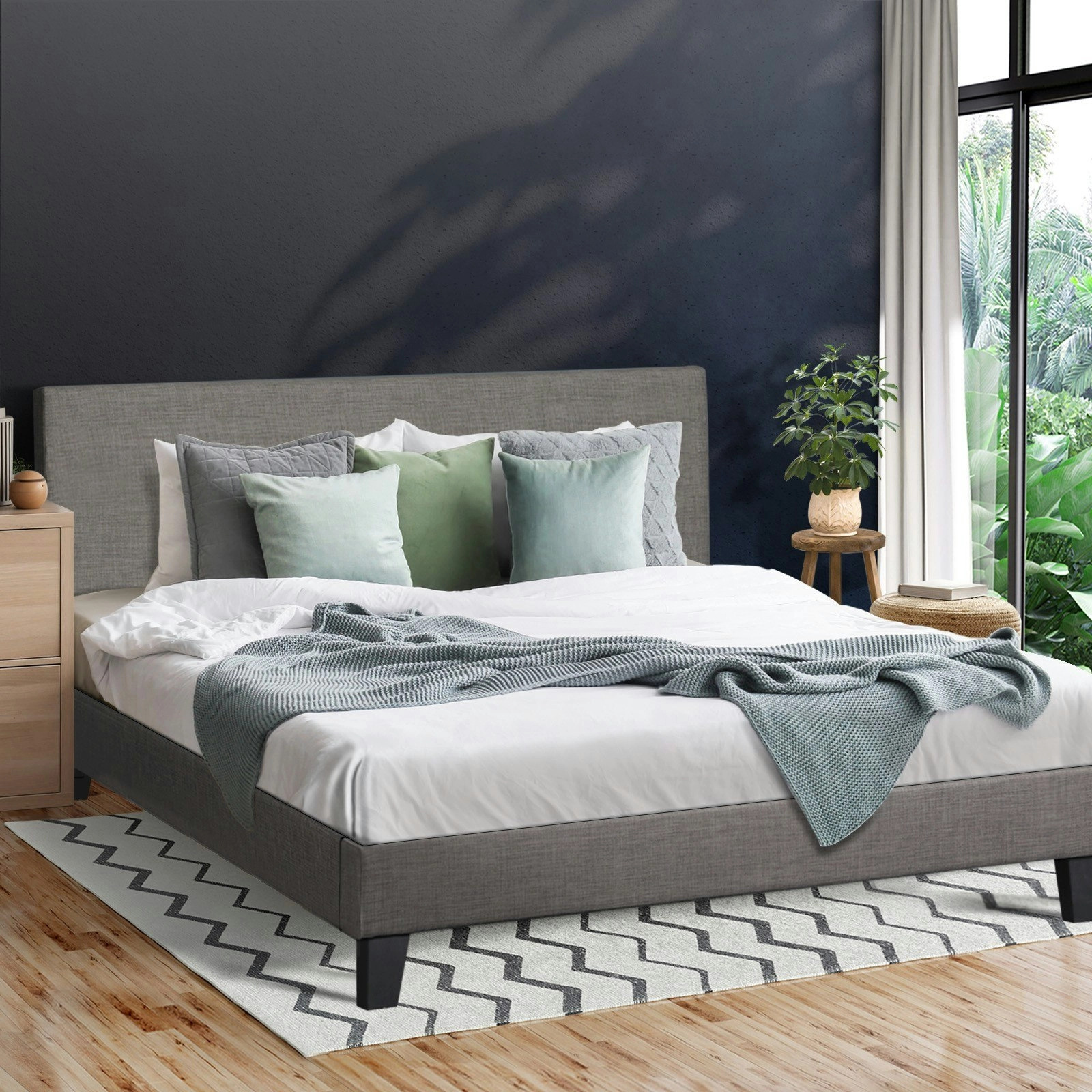 Oikiture Bed Frame King Size Mattress Base Platform Wooden Slats Grey Fabric