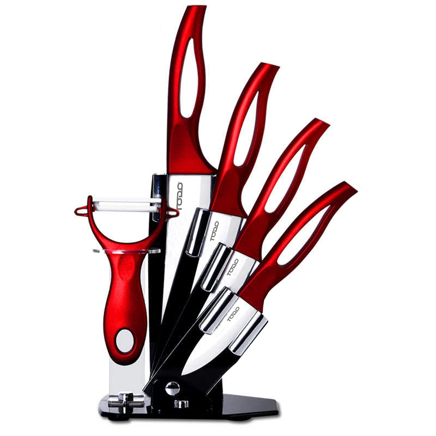 TODO 5 Pc Ceramic Knife + Peeler Set W/ Knive Stand Nano Zirconia Anti Bacterial Red