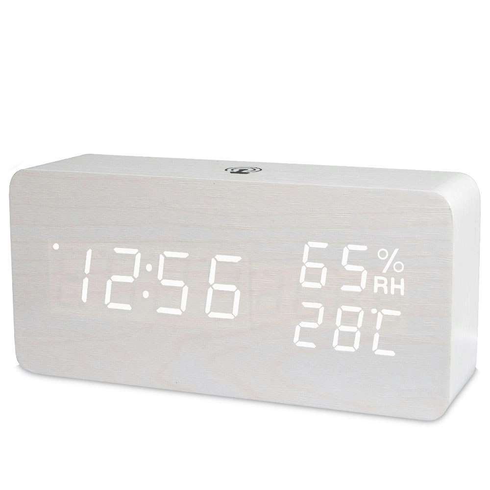 TODO LED Digital Alarm Clock Rechargeable Woodgrain USB Android iOS Control APP - White