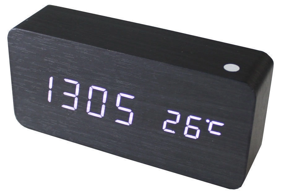 TODO White Led Wooden 3 Alarm Clock + Temperature Display Usb/Battery Wood Black 6035