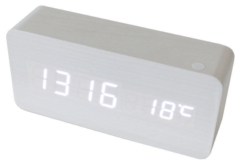 White Led Wooden 3 Alarm Clock + Temperature Display Usb/Battery Wood White 6035