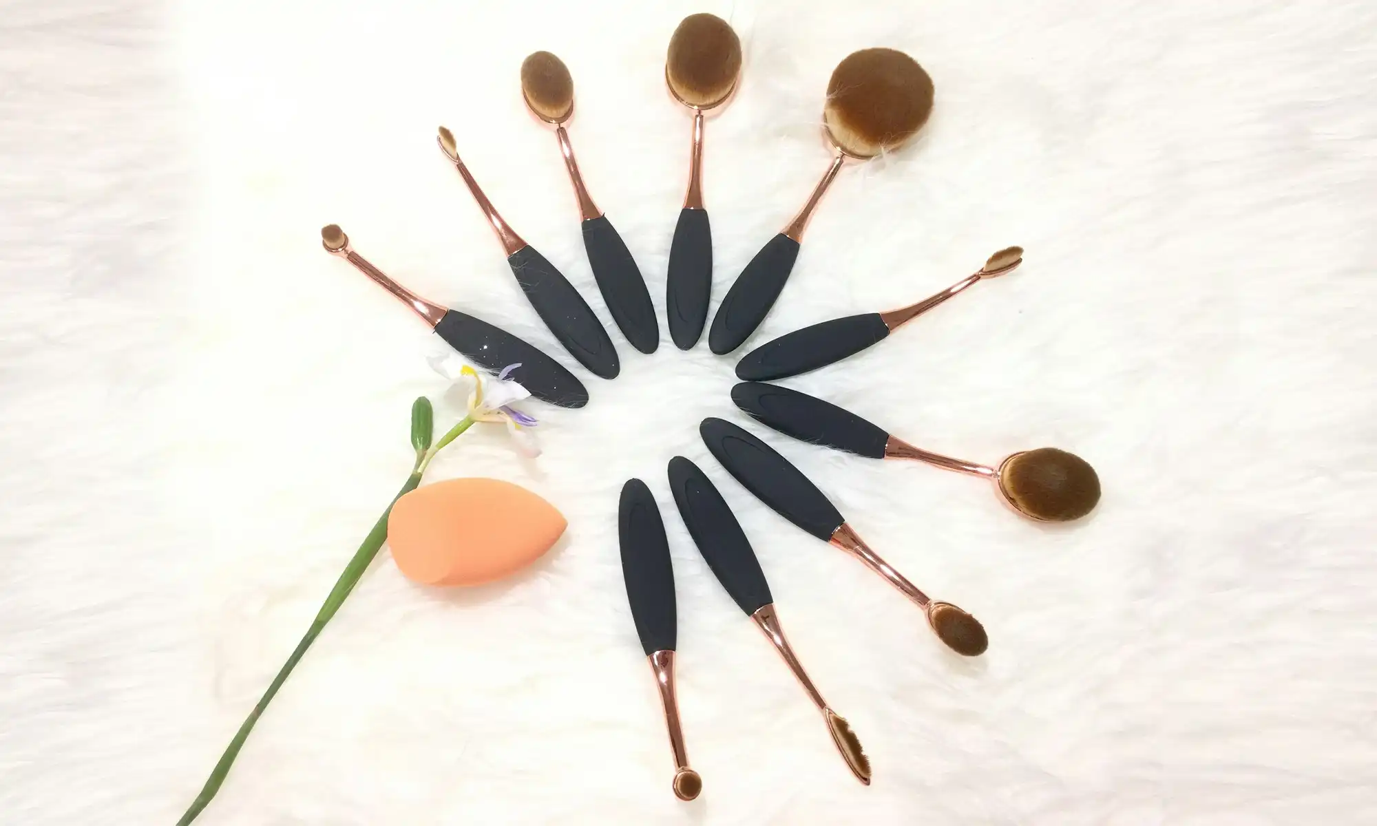 10 Piece Professional Oval Makeup Brush Set All In One Rose Gold
