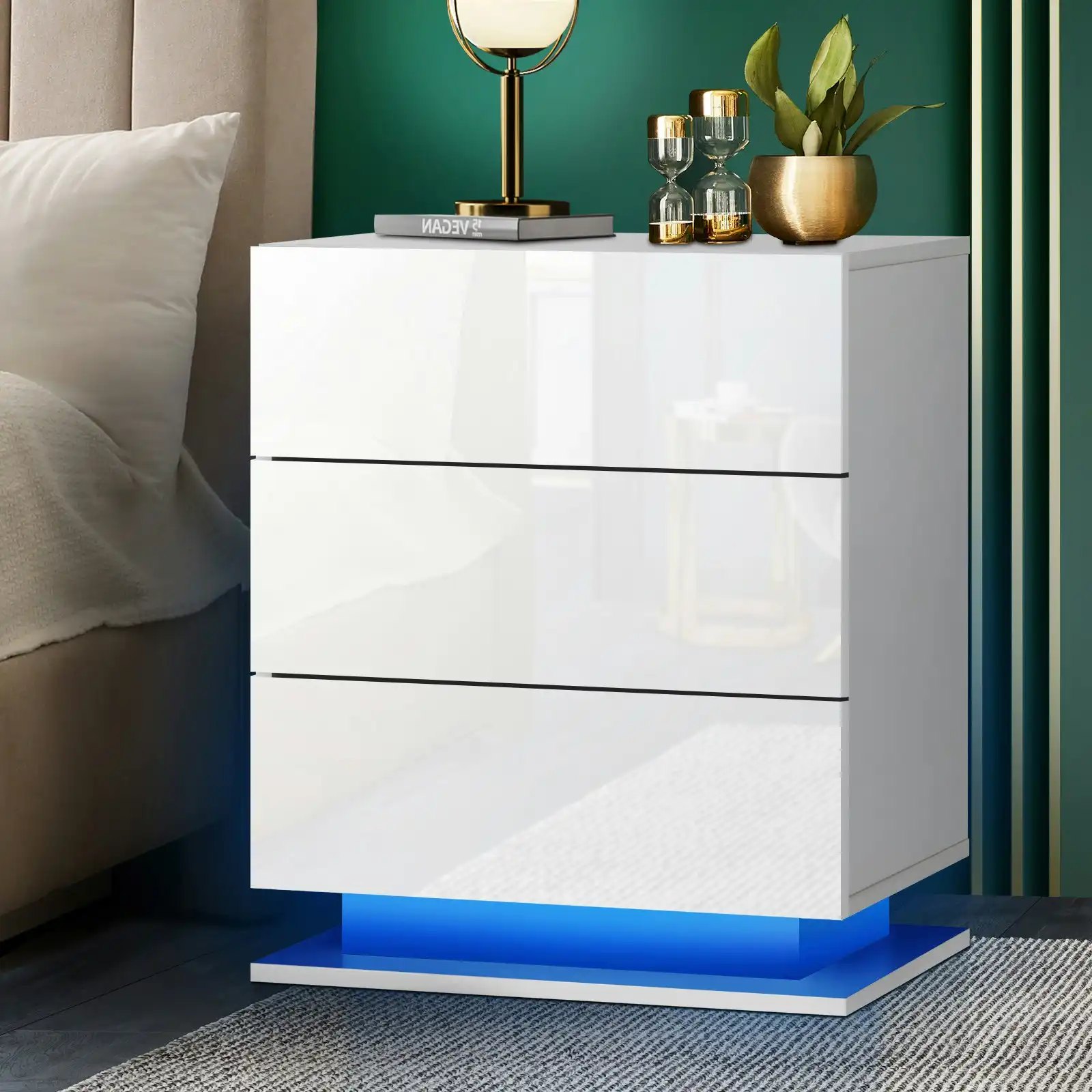 Oikiture Bedside Table RGB LED Nightstand Cabinet 3 Drawers White Side Table Furniture