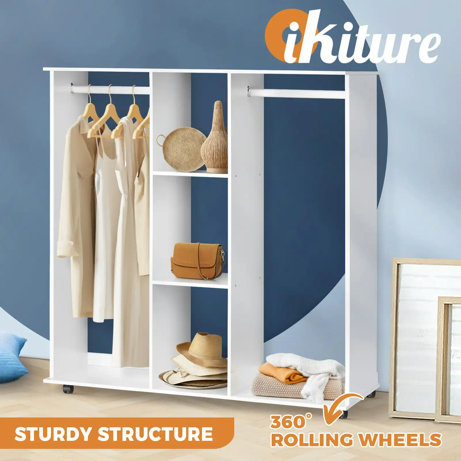 Oikiture Portable Double Wardrobe Storage Shelves Organizer Clothes Rack Hanger