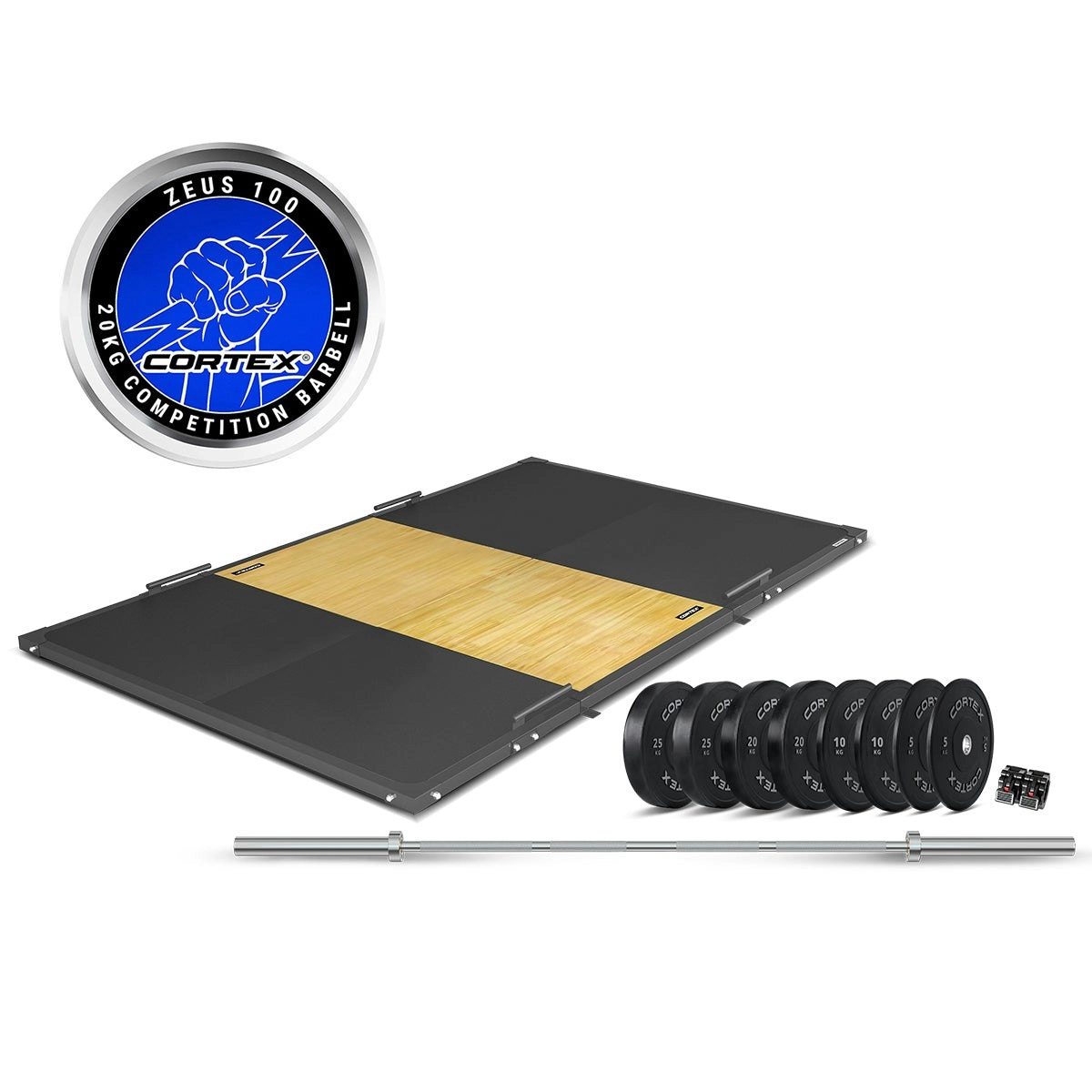 Cortex 3m x 2m 50mm Weightlifting Framed Platform (Dual Density Mats) + 230kg Olympic V2 Weight Plates & Barbell Package