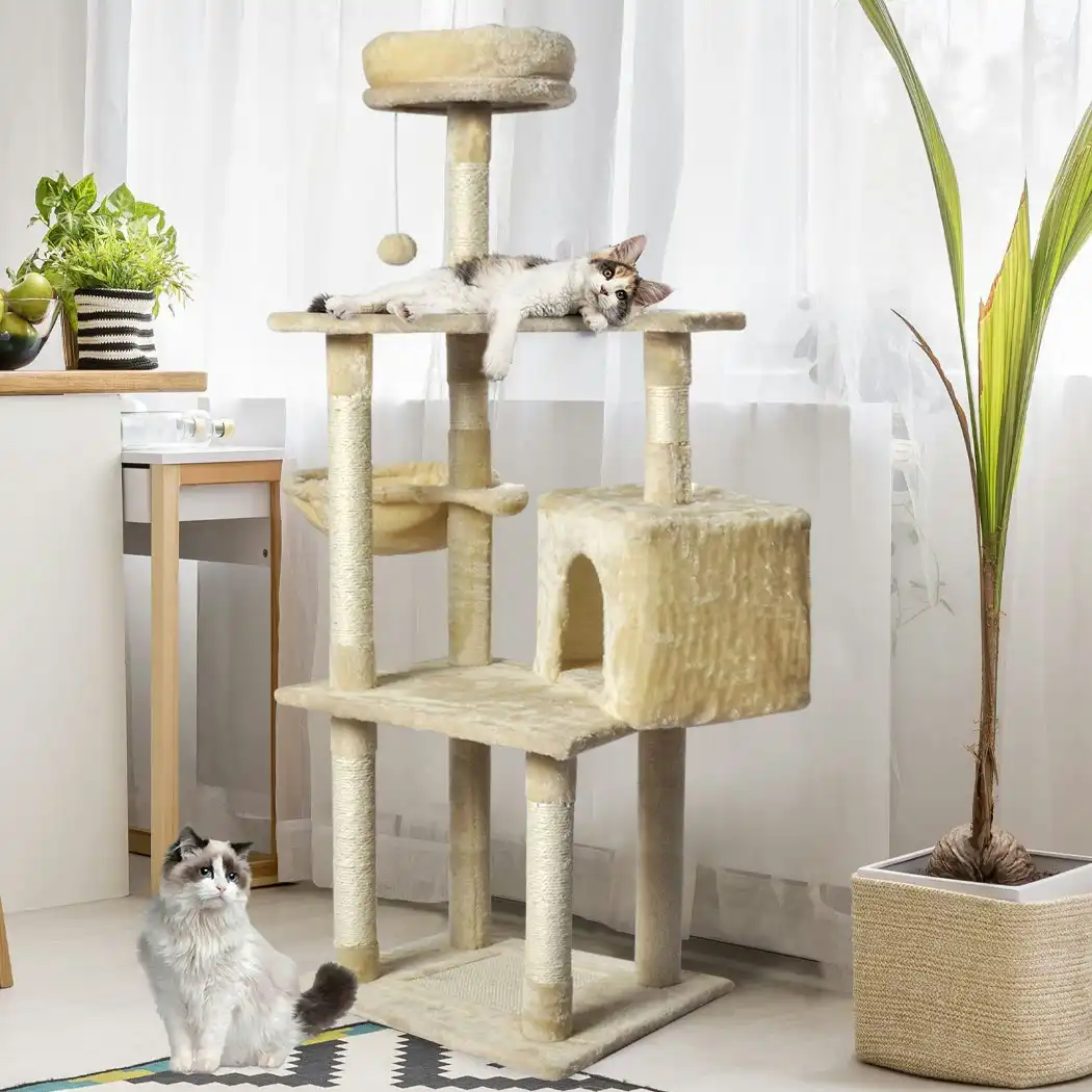 Pawz Cat Tree Toy Scratching Post Scratcher Tower Condo Wooden House Cream 130cm