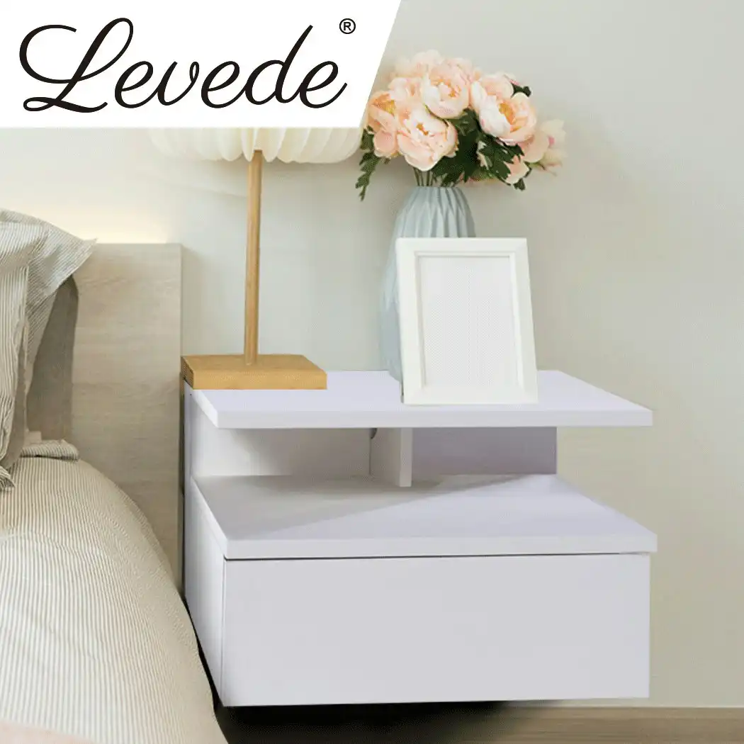 Levede 2x Bedside Tables Side Table LED Wall Mounted Cabinet Floating Nightstand