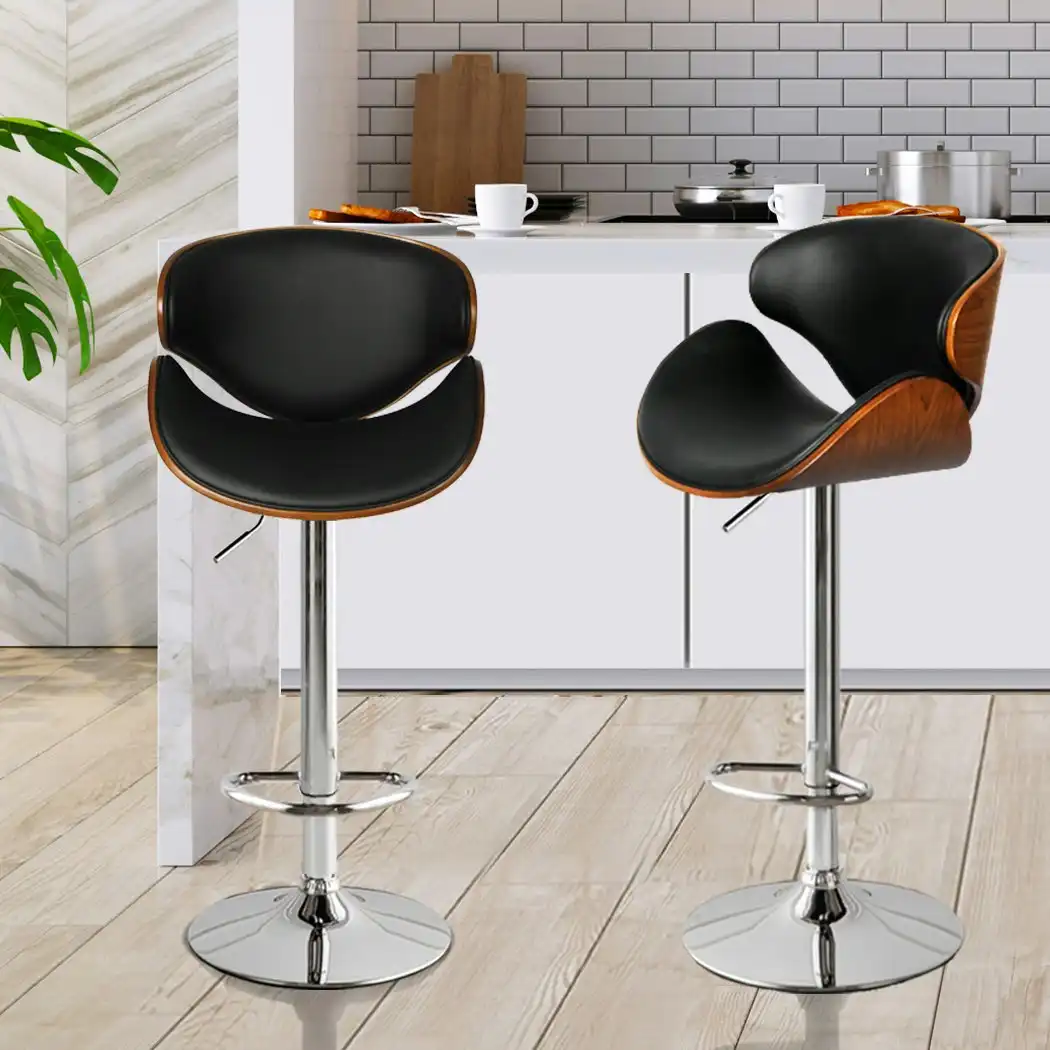 Levede 1x Kitchen Bar Stools Gas Lift Wooden Beech Stool Metal Black Barstools (BR1048-1-BKSL)