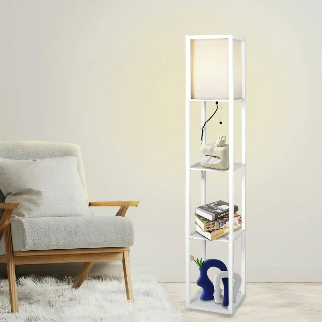 Emitto Floor Lamp Storage Shelf LED Wood Standing Reading Corner Light White