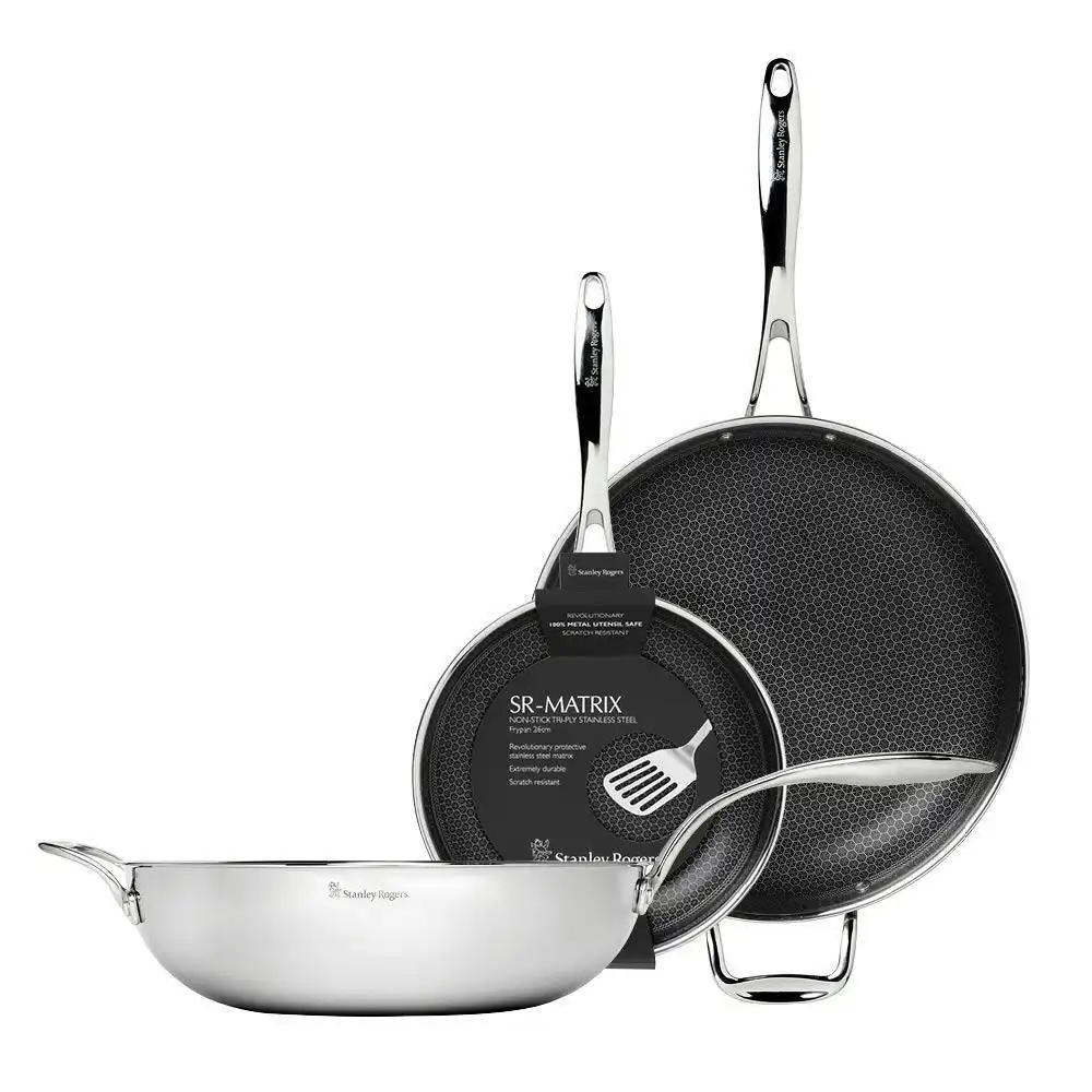 New Stanley Rogers 3pc Matrix 26cm + 32cm Frypan + 32cm Wok Non-Stick Suits Induction